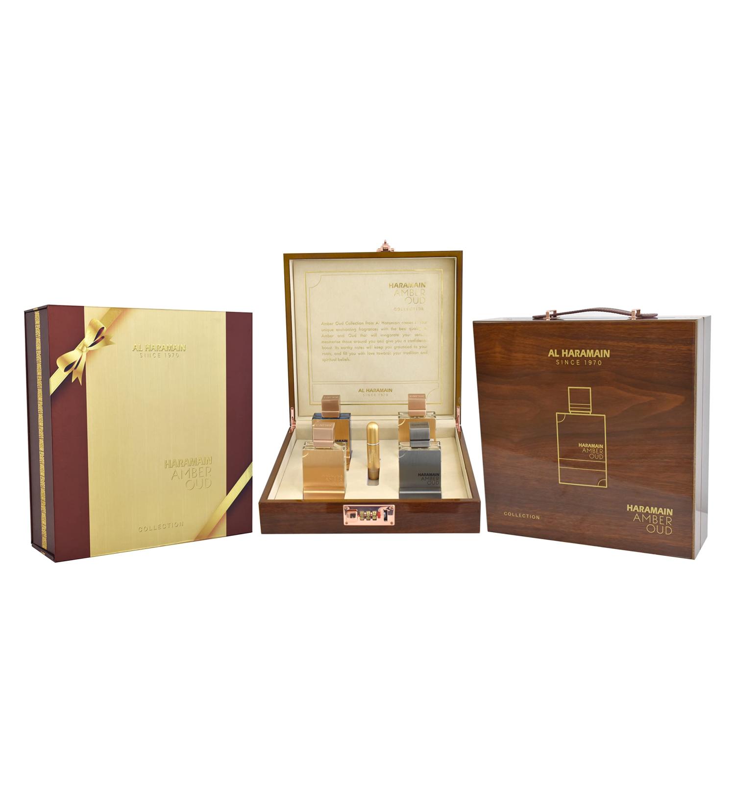 Al Haramain Amber Oud Collection for Unisex - 4 Pc Gift Set 4 x 2oz EDP Spray Gold Bleu White Carbon 8 Fl Oz (Pack of 1)