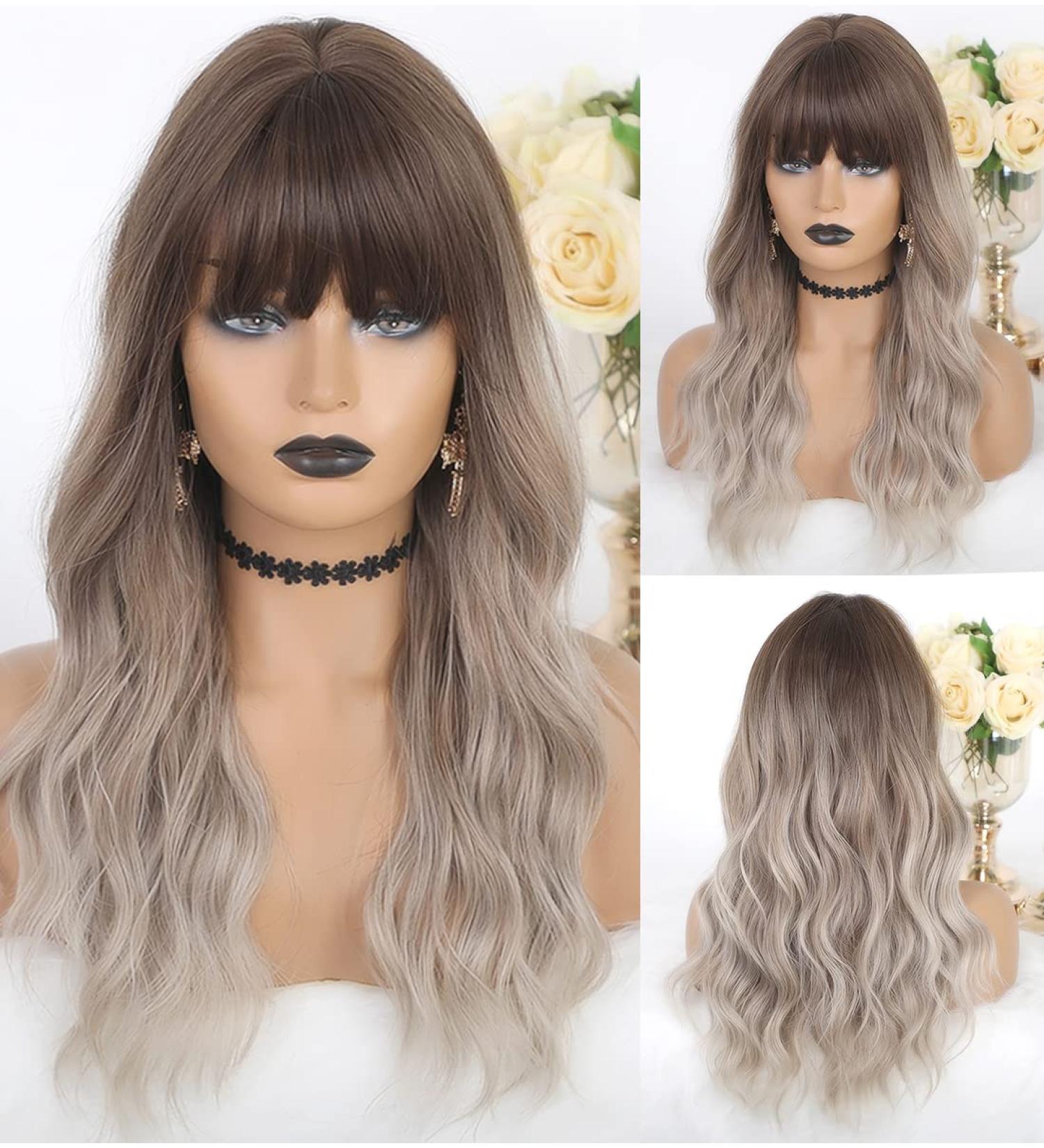 LANOVA 18 Brown Ombre Ashy Silver Wigs with Bangs | Synthetic Glueless Wigs for Women - Buy Online on GoSupps.com
