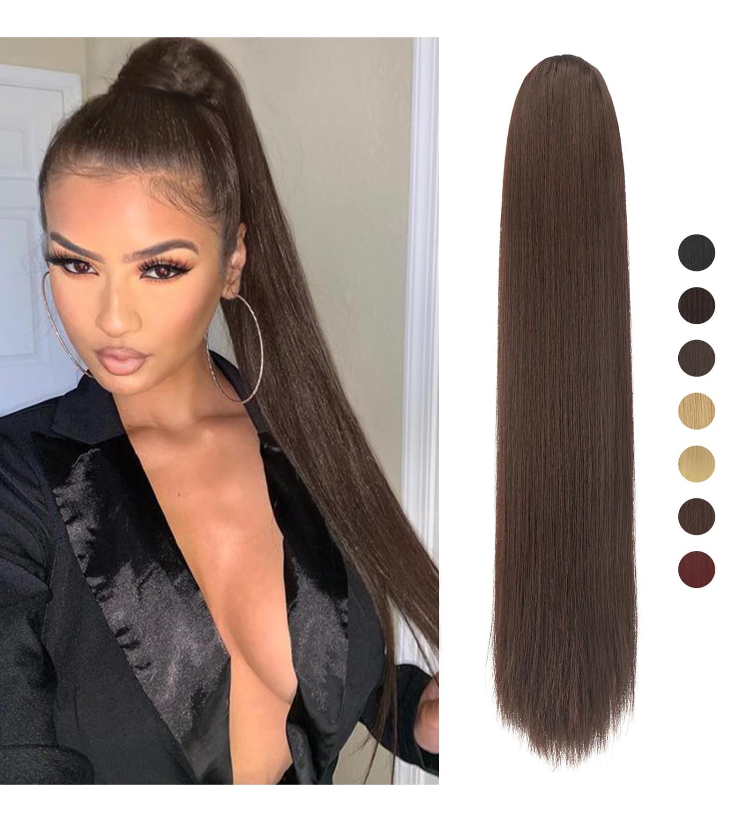 Ponytail Hair Extension 70cm - Natural Soft Synthetic Braid for Women | Darkest Brown Mixed Dark - Buy Online on GoSupps.com