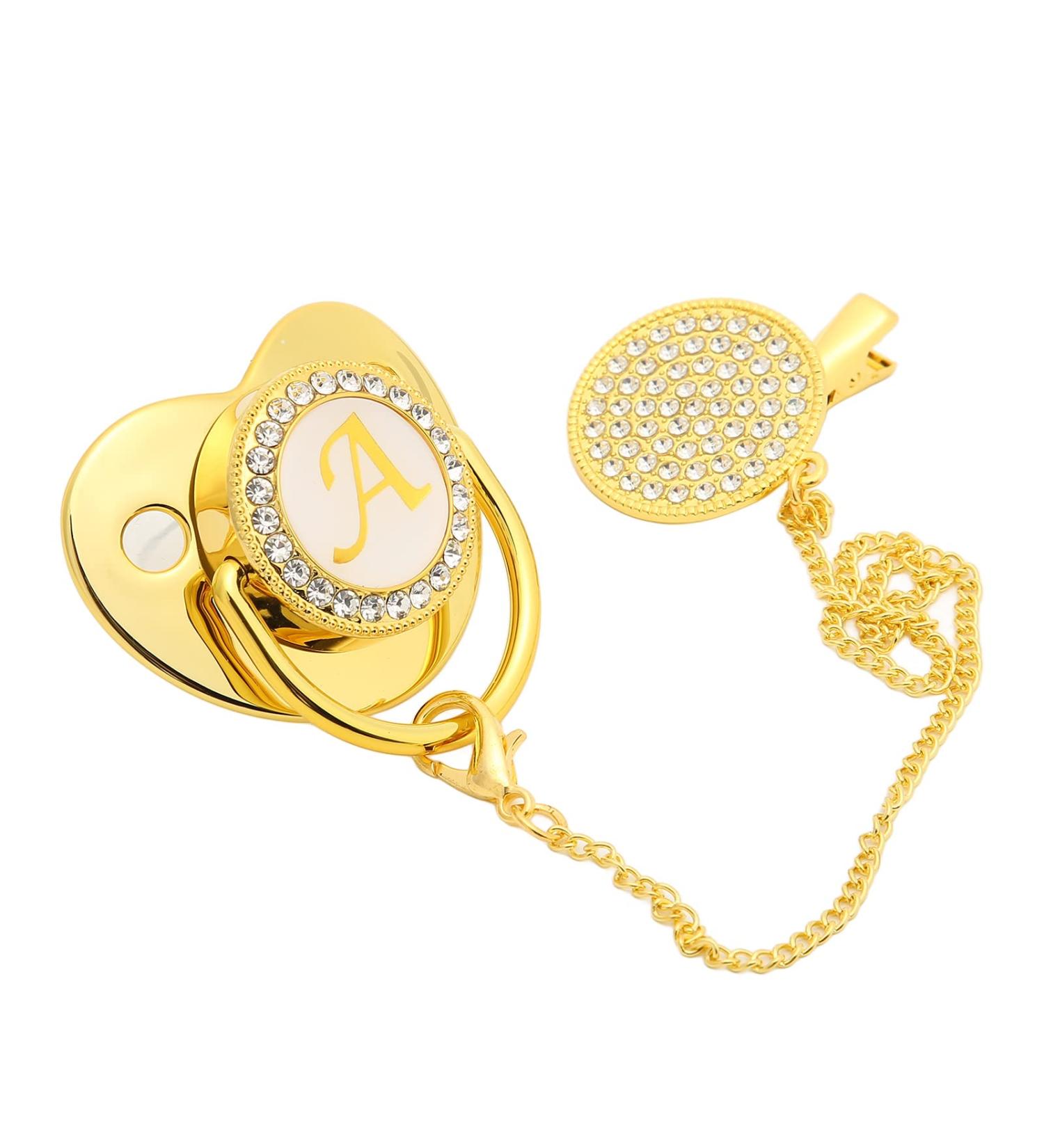 Golden Baby Pacifier with Clips - Curved Design 26 Letters for Babies 6-18 Months (A) - International Shipping Available - Buy Online on GoSupps.com