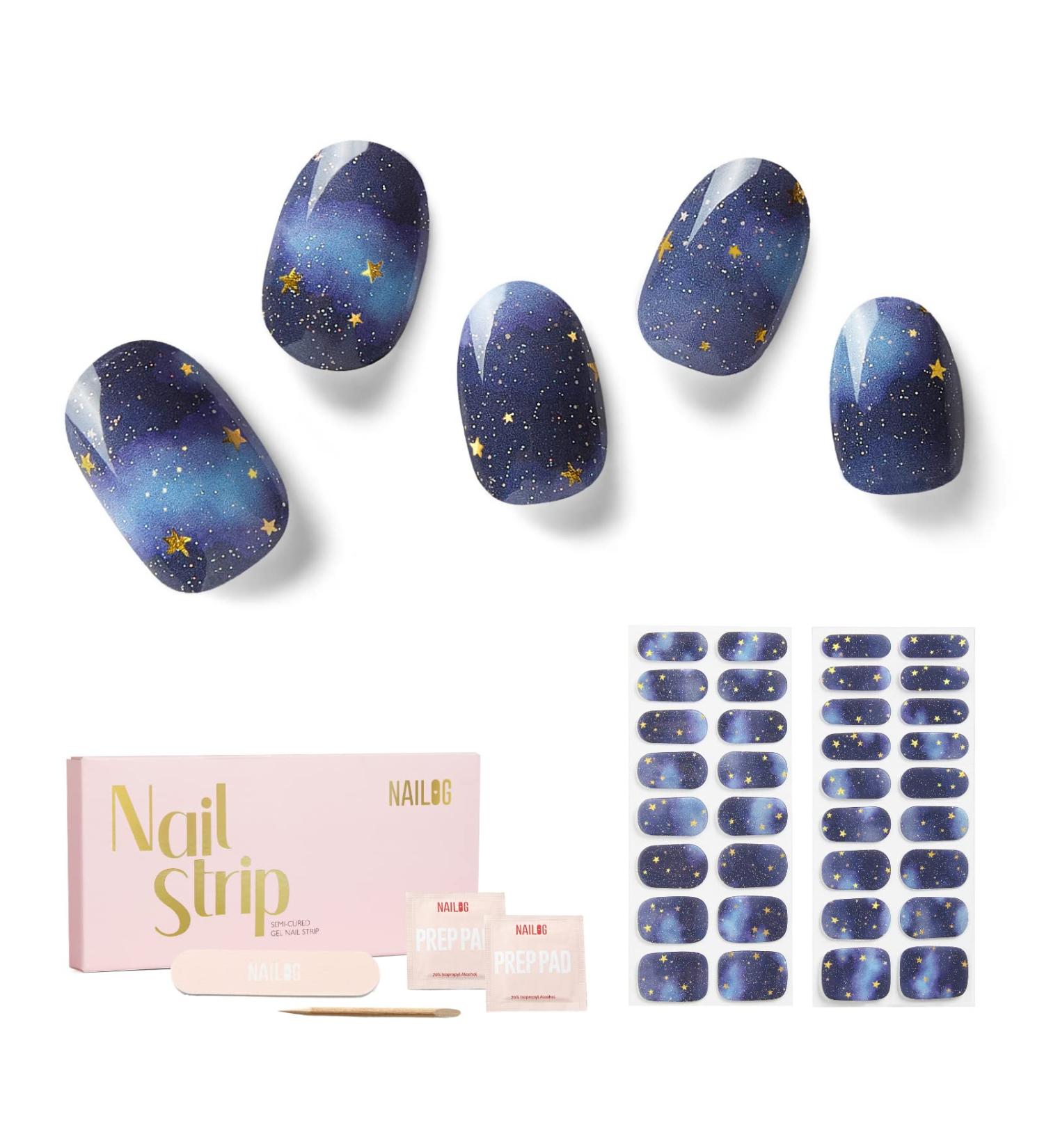 NAILOG Semi Cured Gel Nail Strips 34 pcs Salon-Quality Gel Nail Stickers Long Lasting Nail Wraps for Women with Soft Gel Finish Starry Night - Buy Online on GoSupps.com