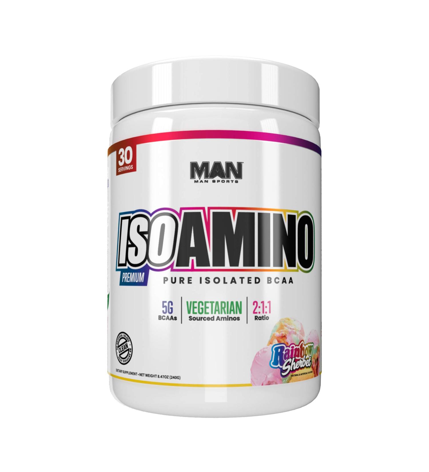 MAN Sports Iso-Amino BCAA Powder - Rainbow Sherbet Flavor 255g | Best BCAA Supplement for Muscle Recovery & Hydration - Buy Online on GoSupps.com