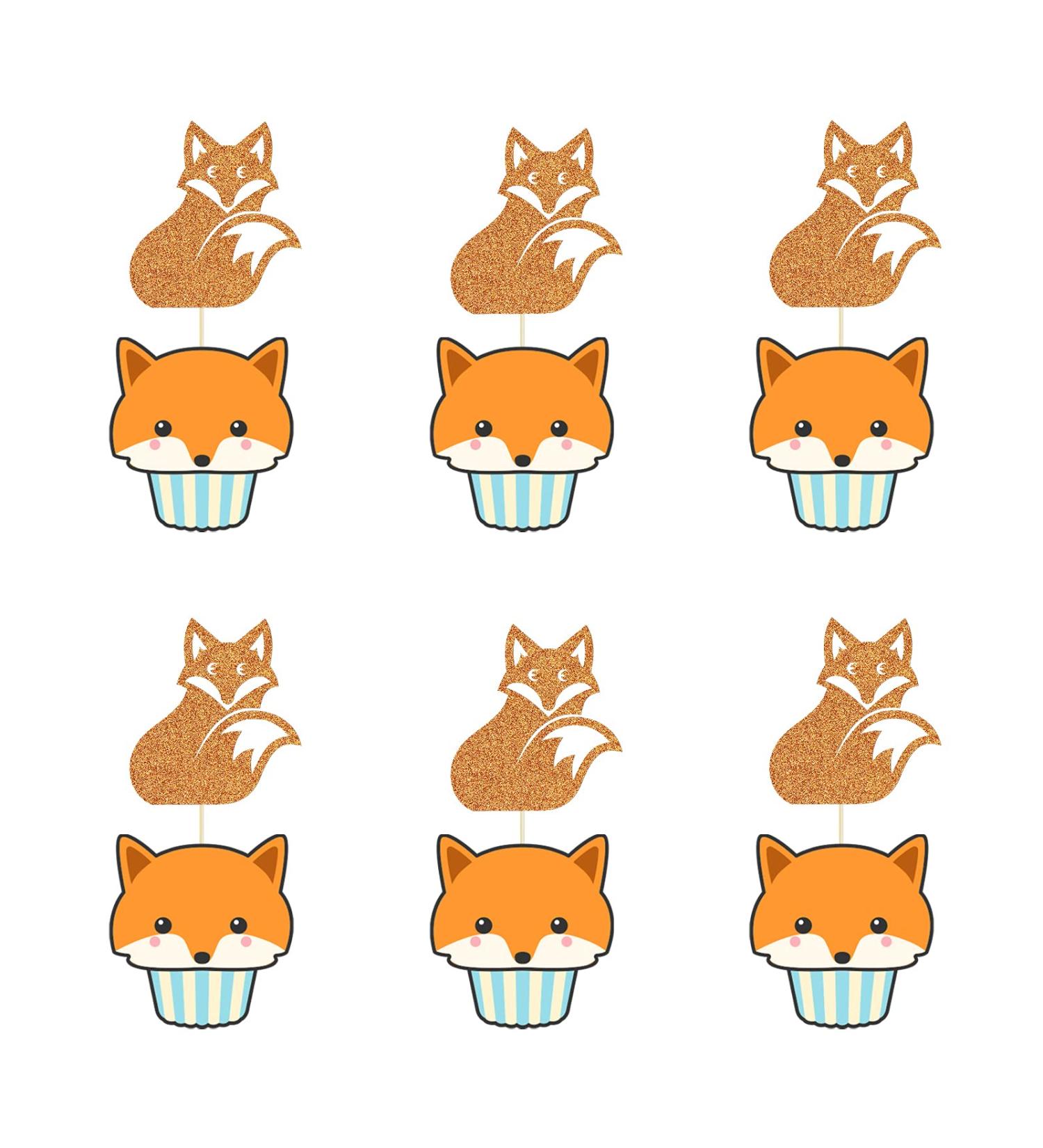 Set of 24 Glitter Fox Cupcake Toppers Animal Themed Baby Shower Dessert Decor Birthday Party Decorations Supplies - Buy Online on GoSupps.com
