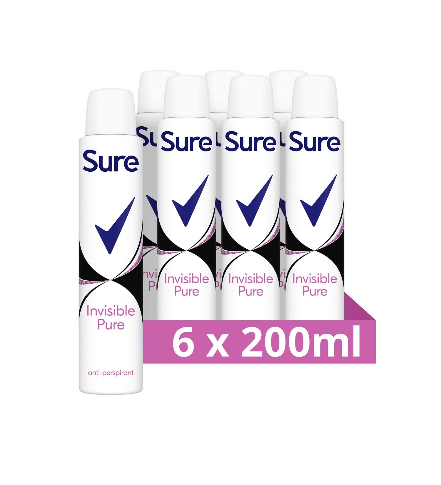 Sure Invisible Pure Anti-Perspirant Aerosol pack of 6 deodorant for women that protects against white marks and yellow stains for 48-hour sweat and odour protection 200 ml - Buy Online on GoSupps.com