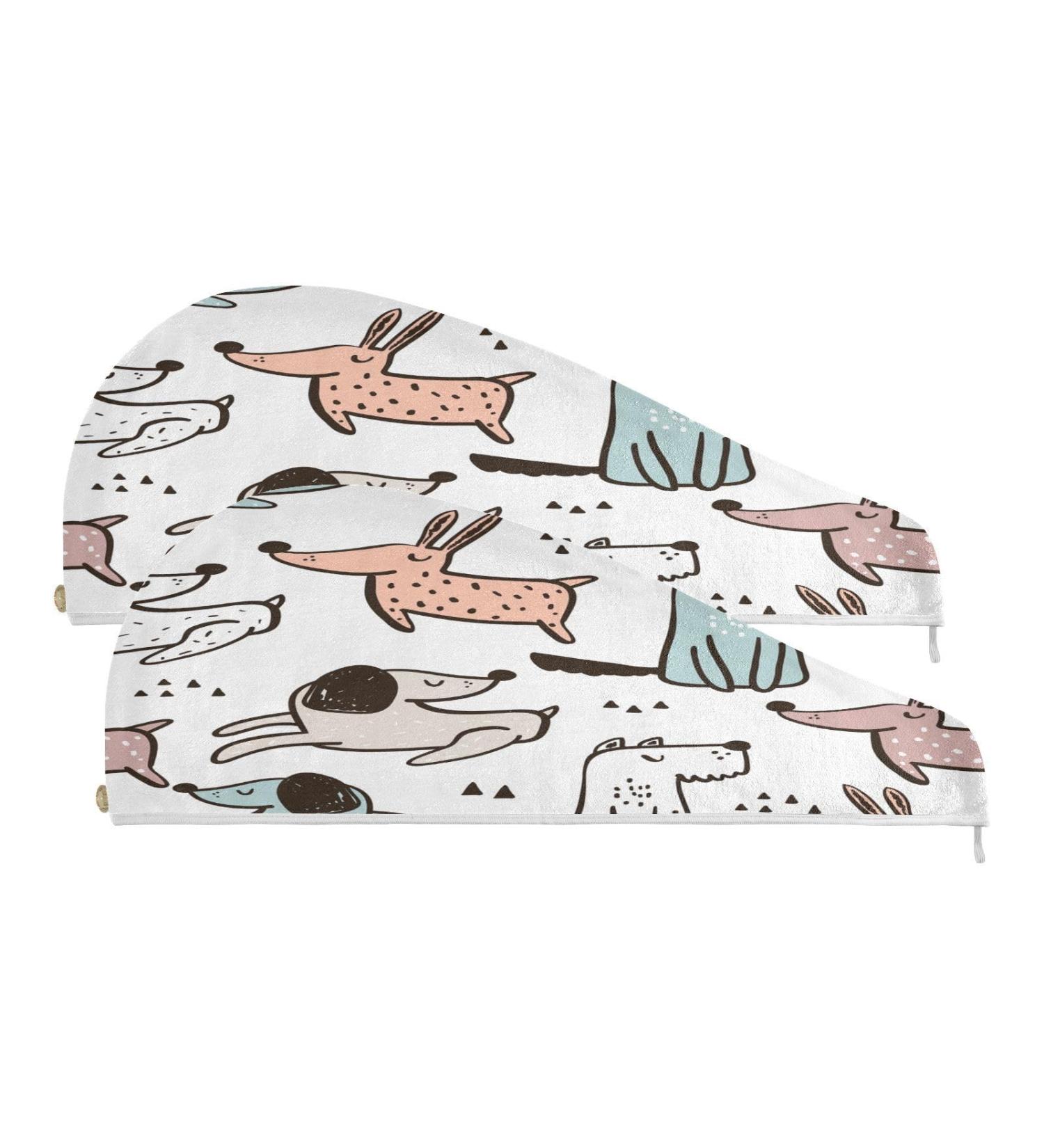 Hand Drawn Dogs Dry Hair Cap & Quick Drying Towel Set - Super Absorbent Soft & Comfortable 2 Piece with Button Headband - Buy Online on GoSupps.com