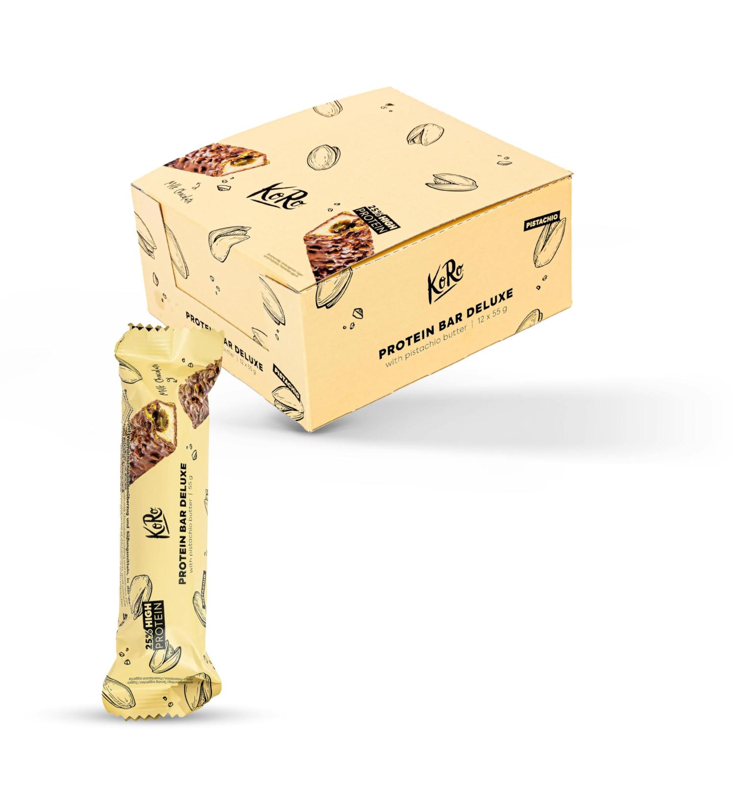 Koro Grand Deluxe Protein Bar Pistachio 12 x 55g - Nutty Filling & Sugar-Free Snack | High Protein Treat - Buy Online on GoSupps.com