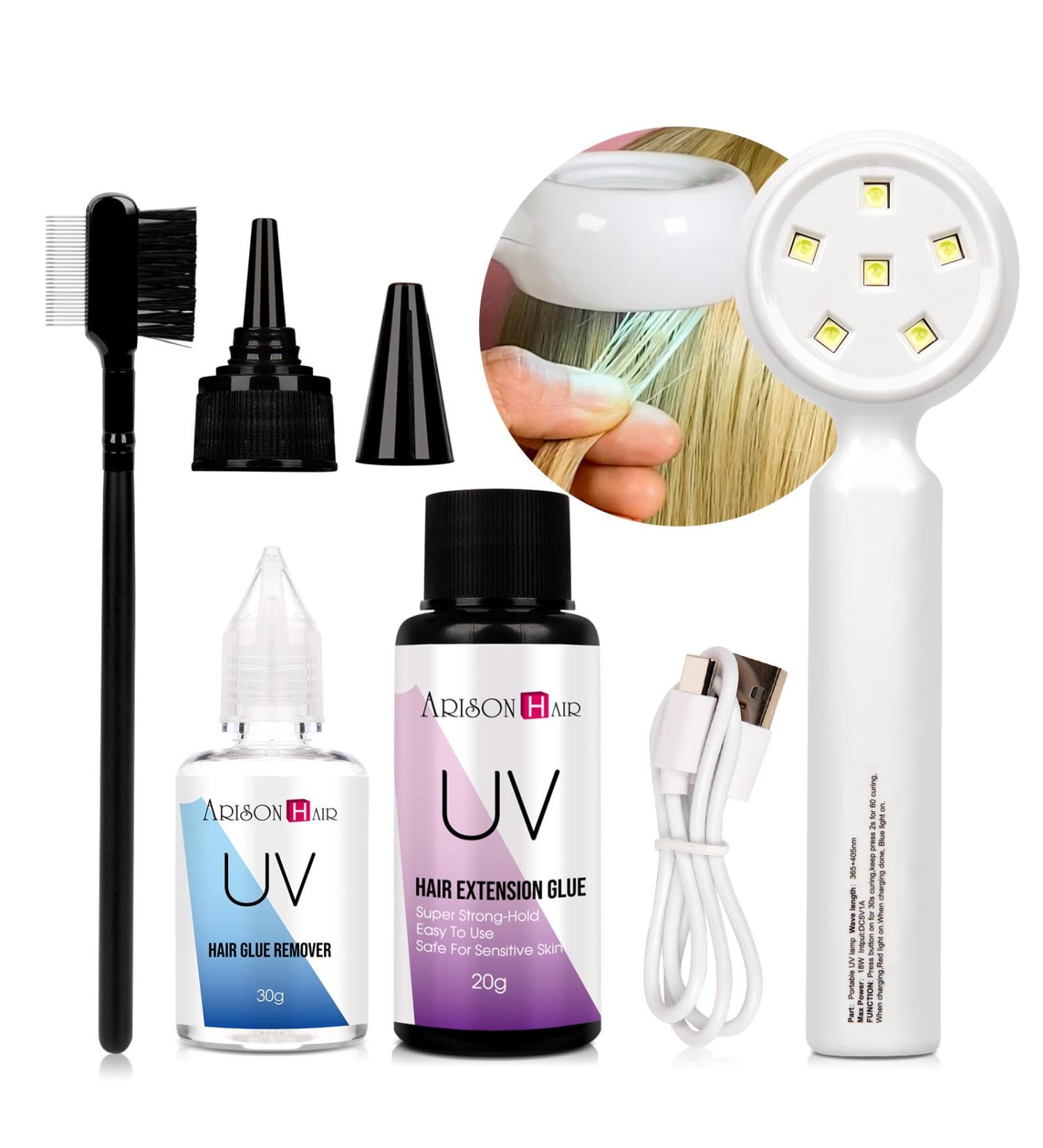 Buy Arison Hair UV Glue V Light Kit - Clear Glue & UV Lamp for Wig Extensions | Professional Hairdresser Tools - Buy Online on GoSupps.com