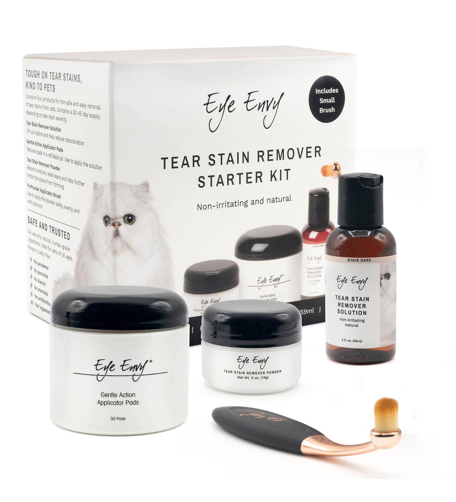 Eye Envy Cat Tear Stain Remover Starter Kit with ProPowder Brush | Solution for Stain Removal and Prevention | Includes Applicator Pads and Small Brush | Lasts 30-45 Days - Buy Online on GoSupps.com