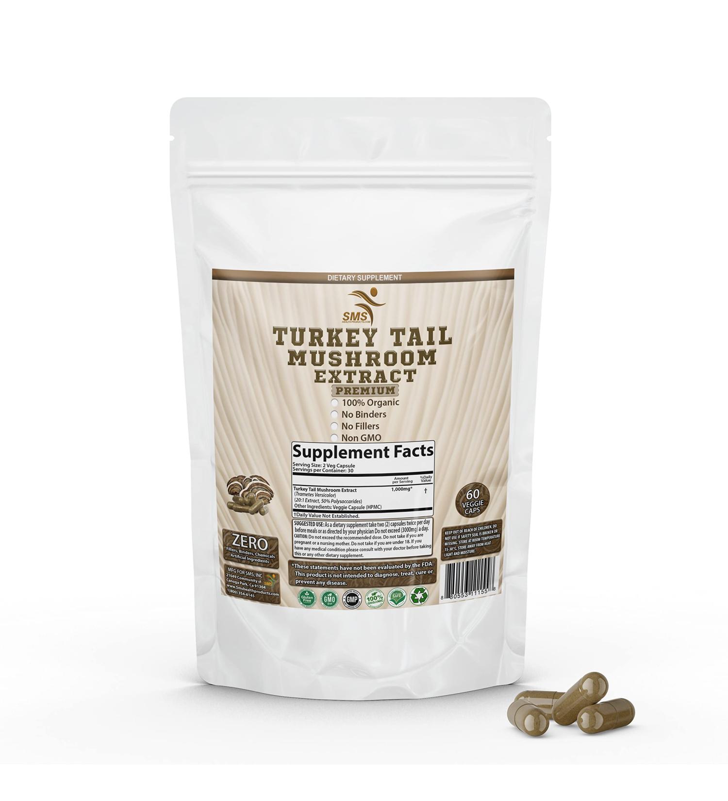 SMSHEALTHPRODUCTS.com Turkey Tail Mushroom Supplement Pills (Trametes Versicolor) 50% Polysaccharides - Comprehensive Immune System and Digestive Support Organic Non GMO - 60 Veggie Capsules - Buy Online on GoSupps.com