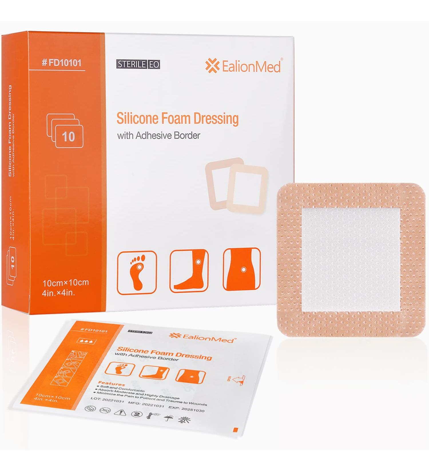 EalionMed Silicone Foam Dressing 4''x4'' 10 Pack - Painless Removal, High Absorbency Wound Bandage for Bed Sores, Leg Ulcers, Diabetic Ulcers - 10 Count - Buy Online on GoSupps.com