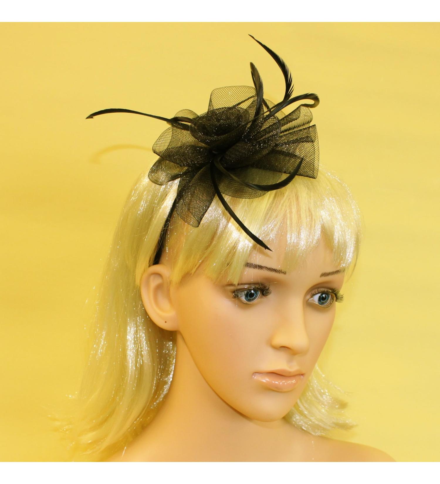 Arranview Jewellery Black with sinamay flower and feather tendrils fascinator alice hair band