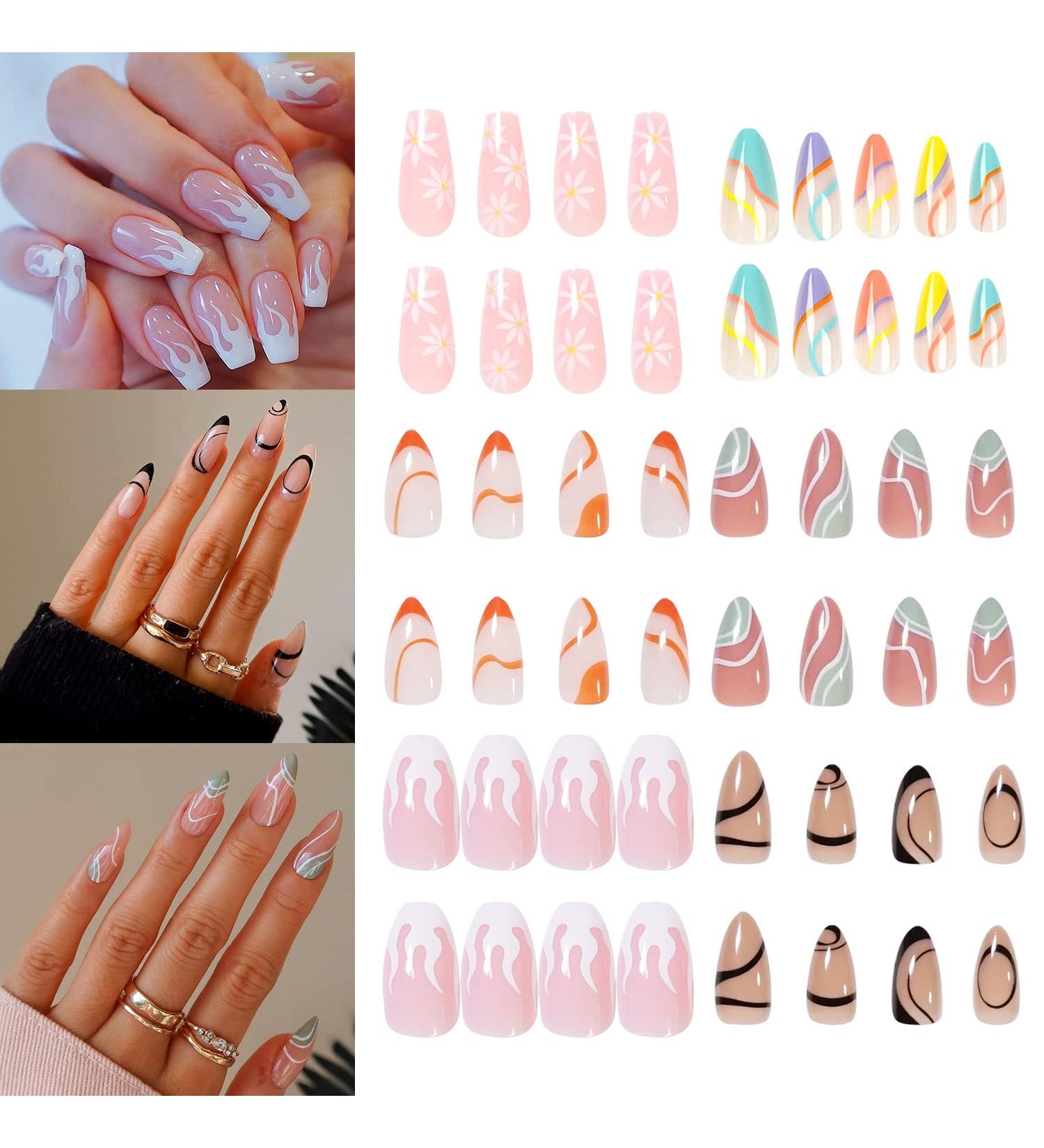 6 Packs Almond Design Press On Nails - 144 Pcs Medium Fake Nails for Women and Girls - Buy Online on GoSupps.com