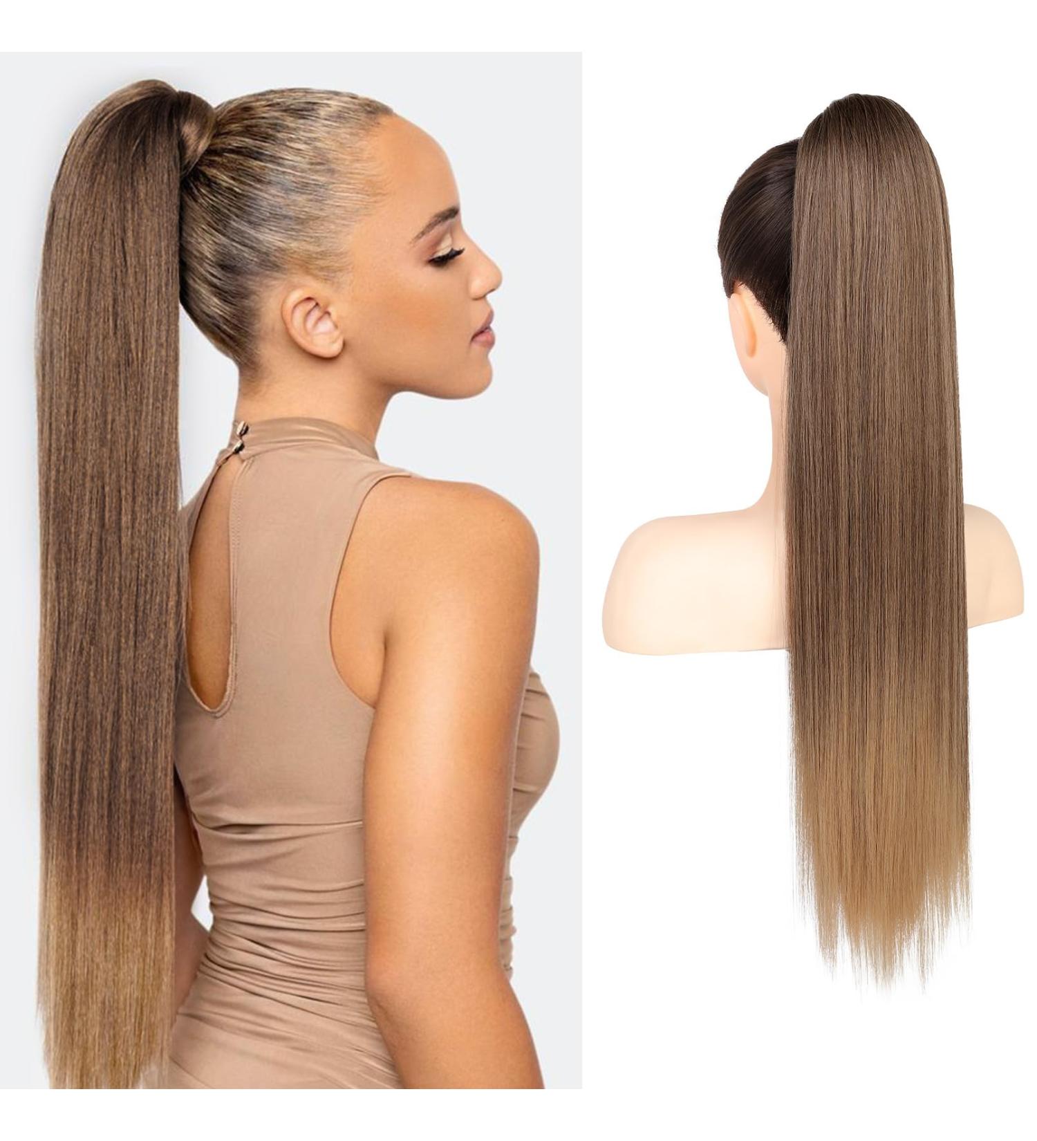 Flufymooz Ponytail Extension - 66 cm Straight & Curly Synthetic Horse Tail for Women | Chocolate to Light Brown - Buy Online on GoSupps.com