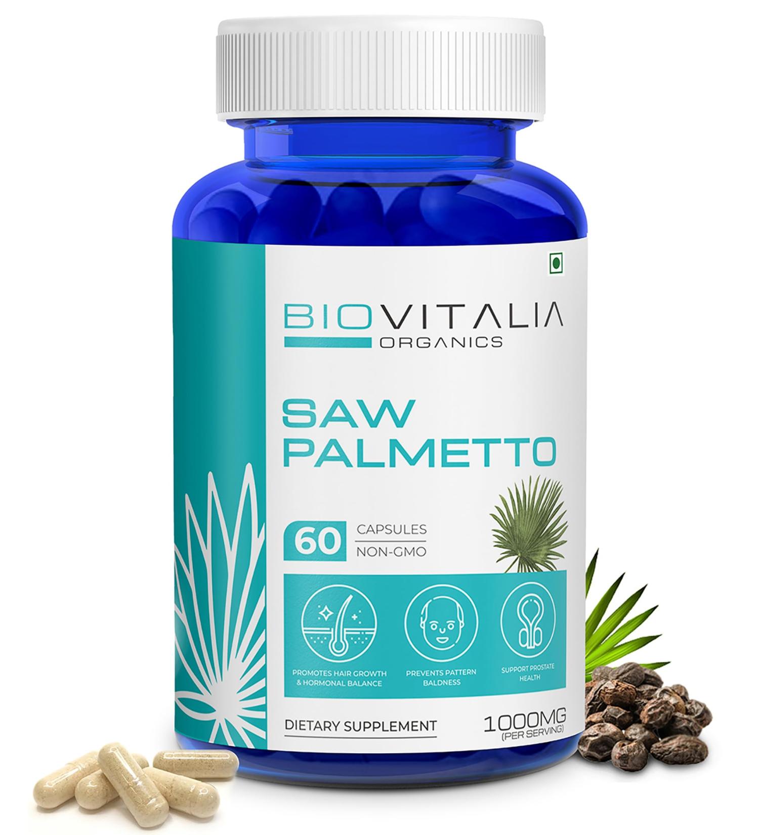  BIOVITALIA ORGANICS Biovitalia Saw Palmetto Extract Capsules 1000 mg Hair Growth Dietary Supplement | Supports Prostate Health and Urinary Function for Men and Women - 60 Capsules - Buy Online on GoSupps.com