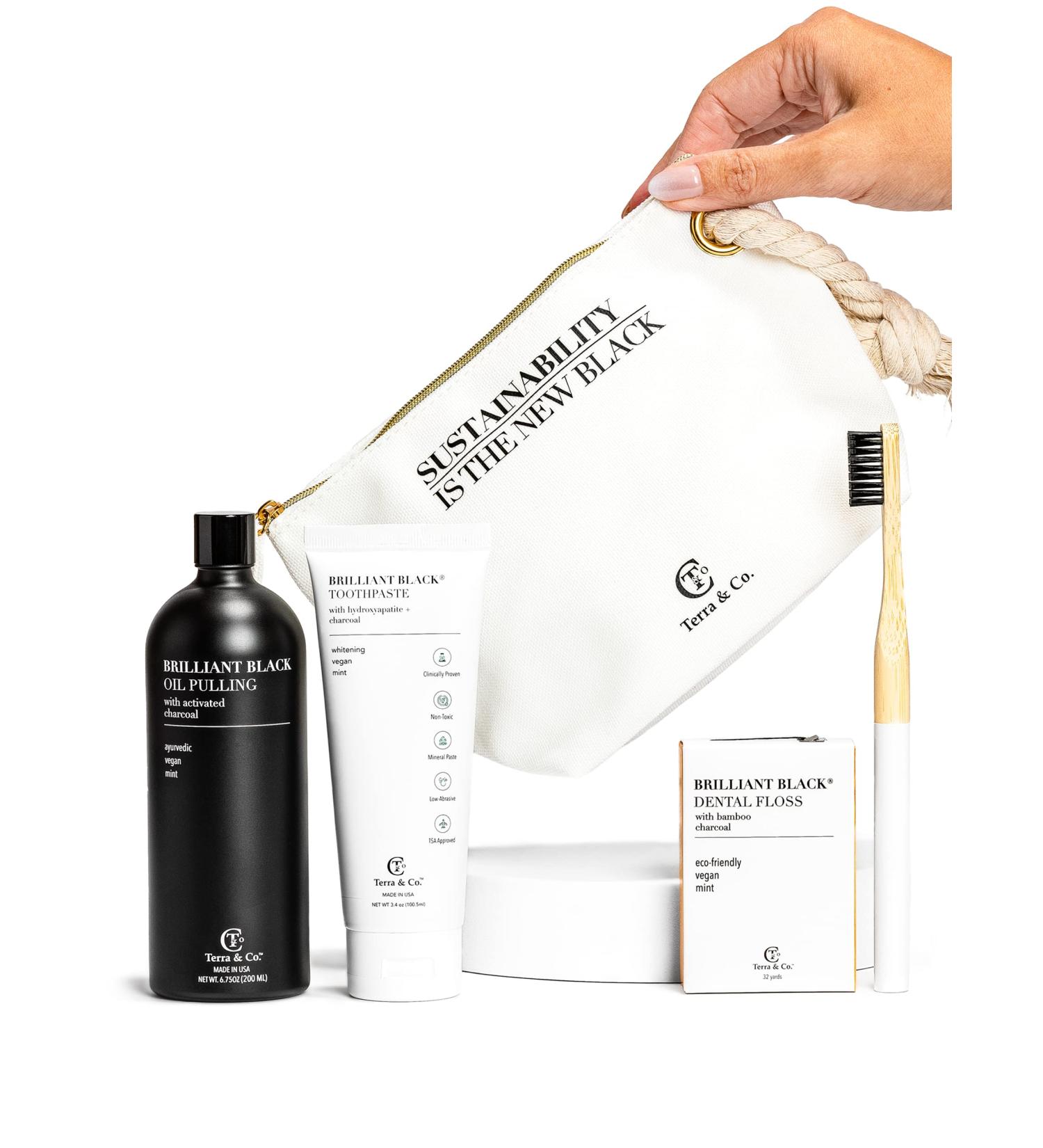 Terra & Co. Brilliant Black Teeth Whitening Kit | Vegan & Cruelty-Free Dental Care with Oil Pulling, Bamboo Charcoal Floss & Toothpaste - Buy Online on GoSupps.com