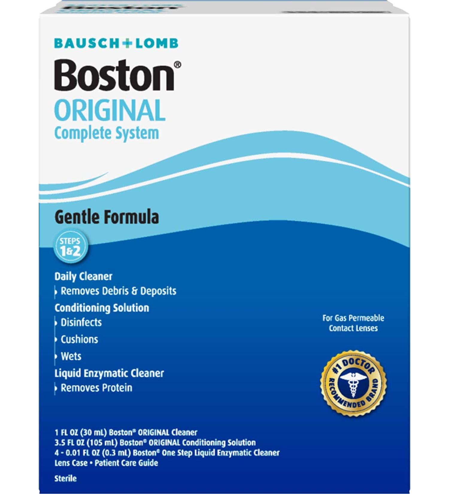 Contact Lens Solution by Boston - Original Complete System for Gas Permeable Lenses - 1 Fl Oz Cleaner  3.5 Fl Oz Solution  5 Enzymatic Cleaners  1 Lens Case - Buy Online on GoSupps.com