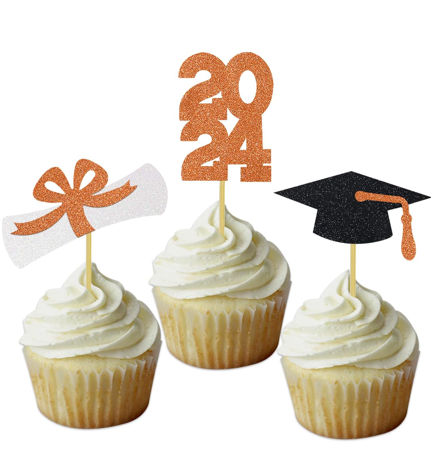 Grehge Orange Graduation Cupcake Topper Congrats Grad Party Decoration Glitter Cap Diploma Dessert Picks Supplies - Buy Online on GoSupps.com