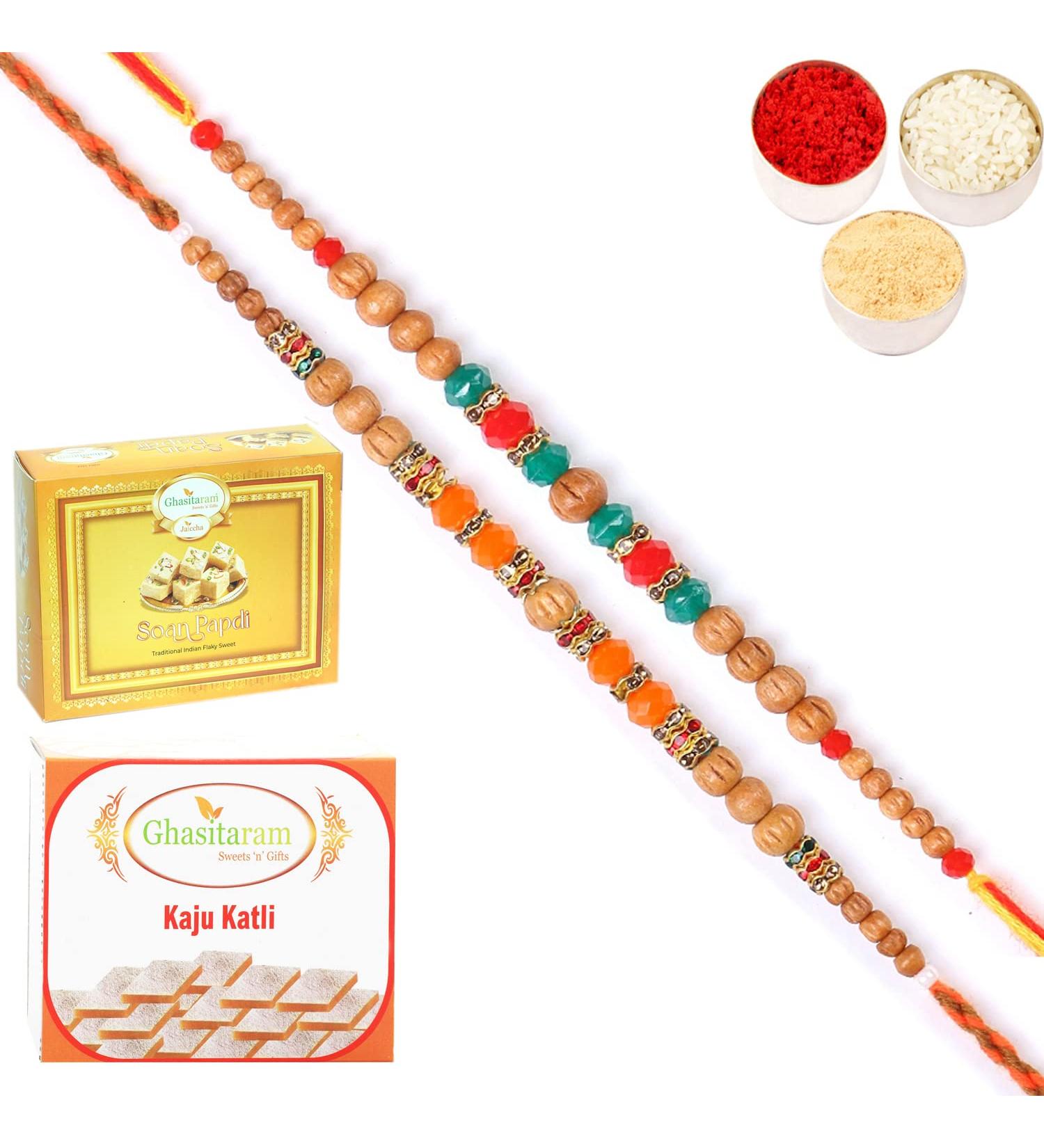 Ghasitaram Gifts Rakhi for Brother Rakhis Online - Set of 2 6490 6493 Fancy Rakhis with 200 GMS of Kaju katli and 200 GMS of Soan Papdi - Buy Online on GoSupps.com
