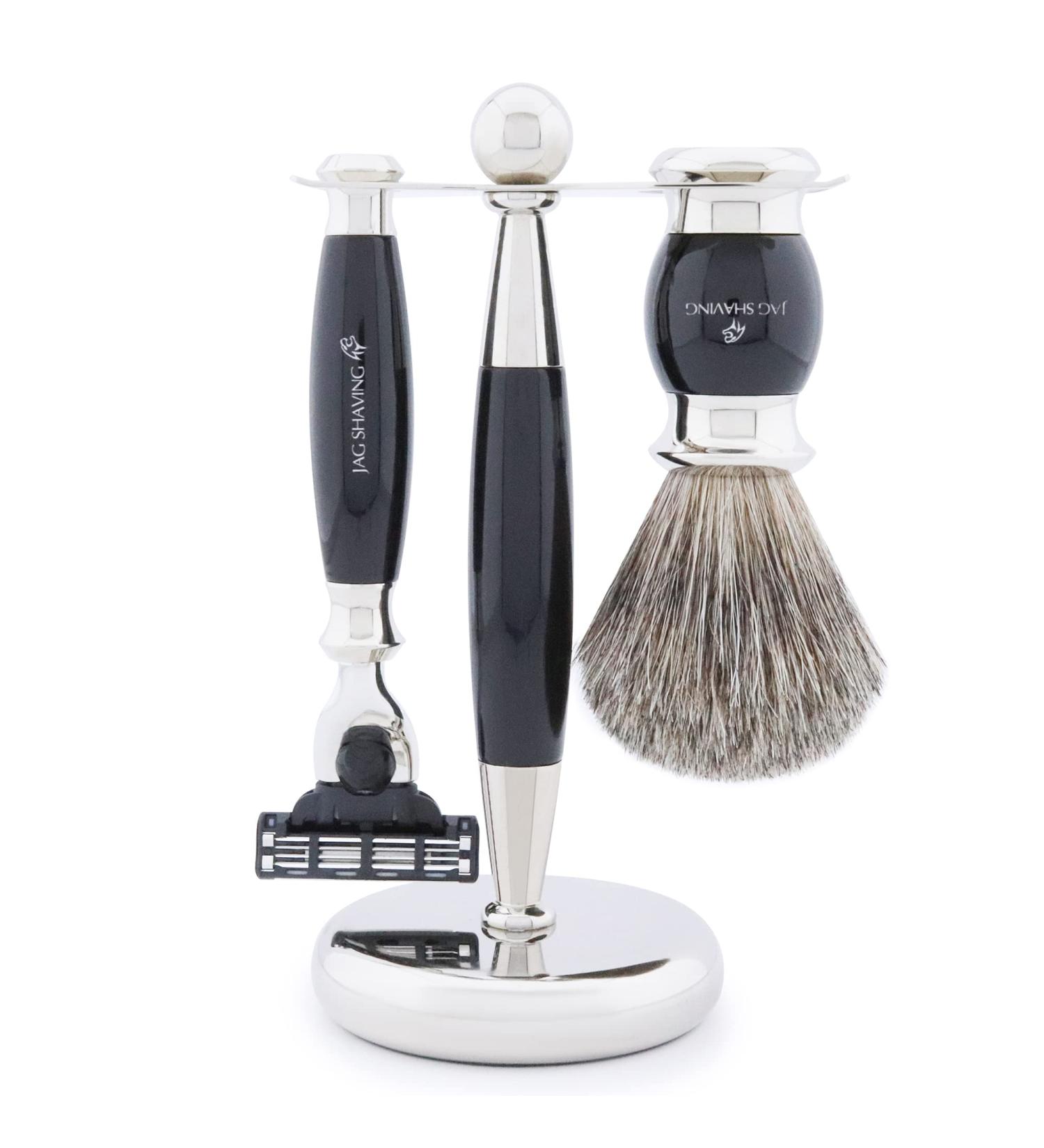 JAG Shaving Razor Set - 3-Part Luxury Gift Set with Brush Blades & Rack - Ultimate Black Shaving Experience - Buy Online on GoSupps.com