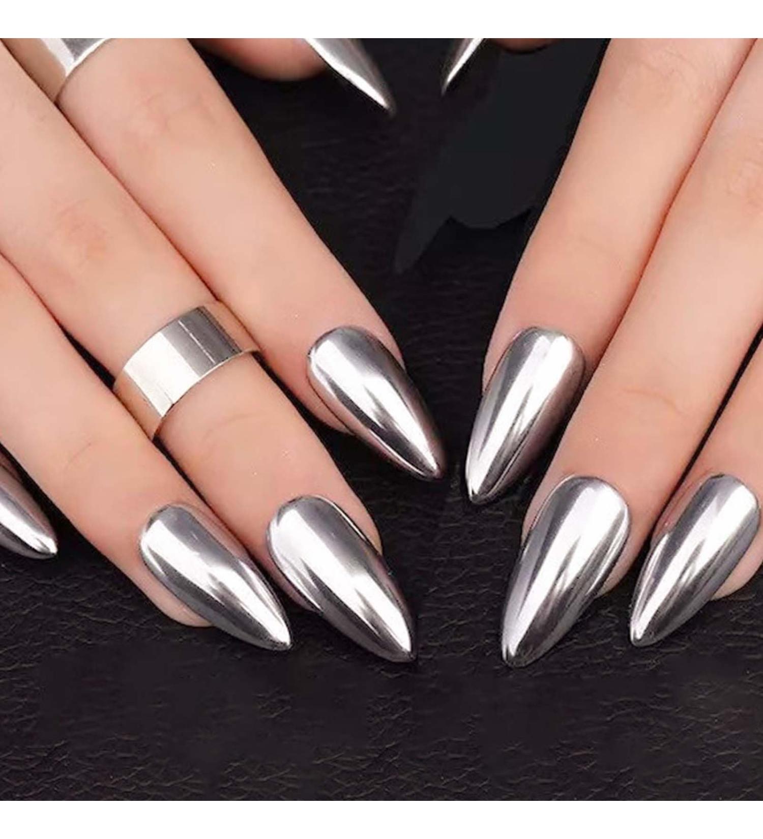 Silver Chrome Almond Press-On Nails | Glossy Medium Fake Nails - 24 Pcs | Acrylic Full Cover Stick-On Nails for Women & Girls - Buy Online on GoSupps.com