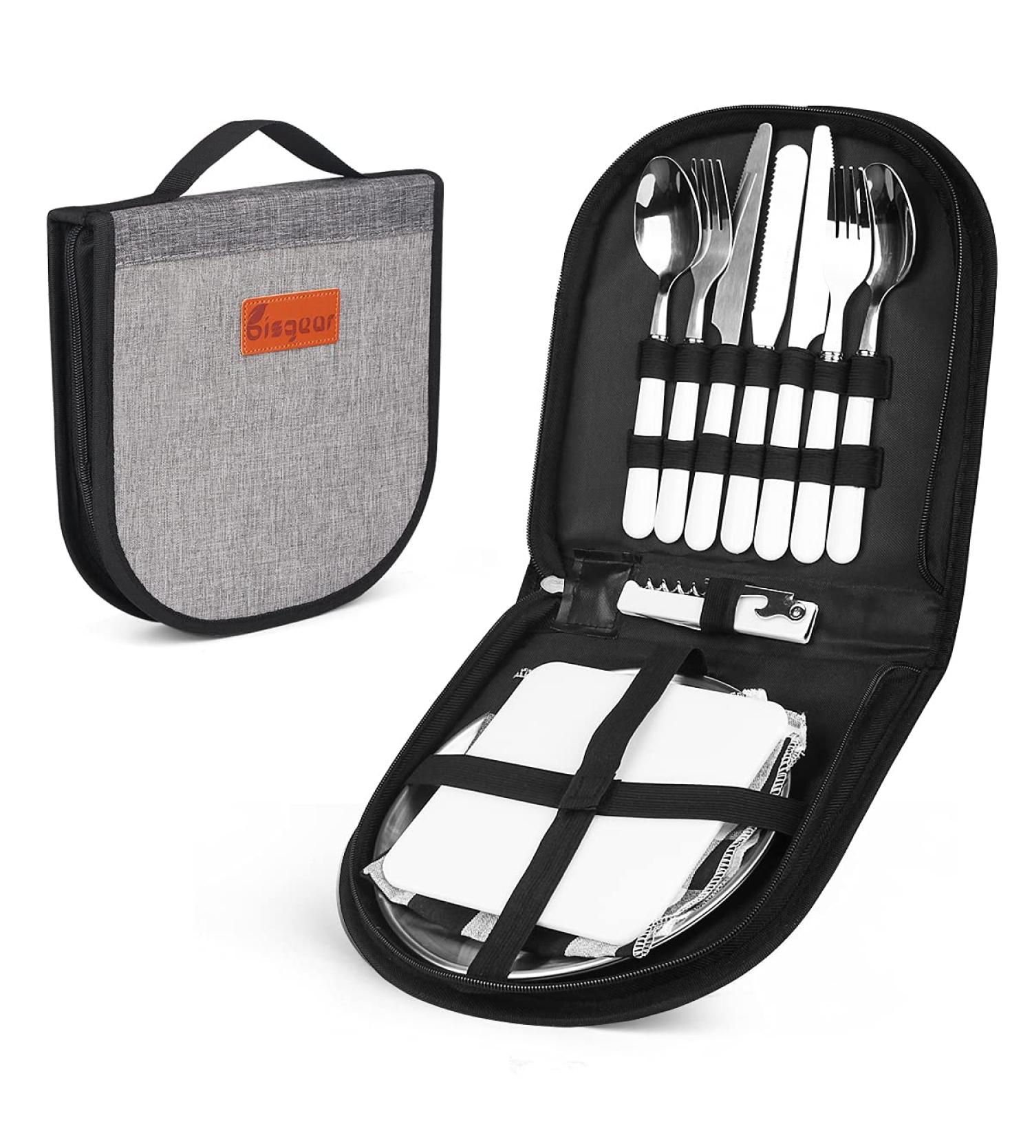 Camping Kitchen Silverware Set - 12pcs Stainless Steel Cutlery Organizer for 2 Person Dinnerware - Utensils with Plate, Spoon, Knife, Fork, Wine Opener, Napkin - Black - Buy Online on GoSupps.com