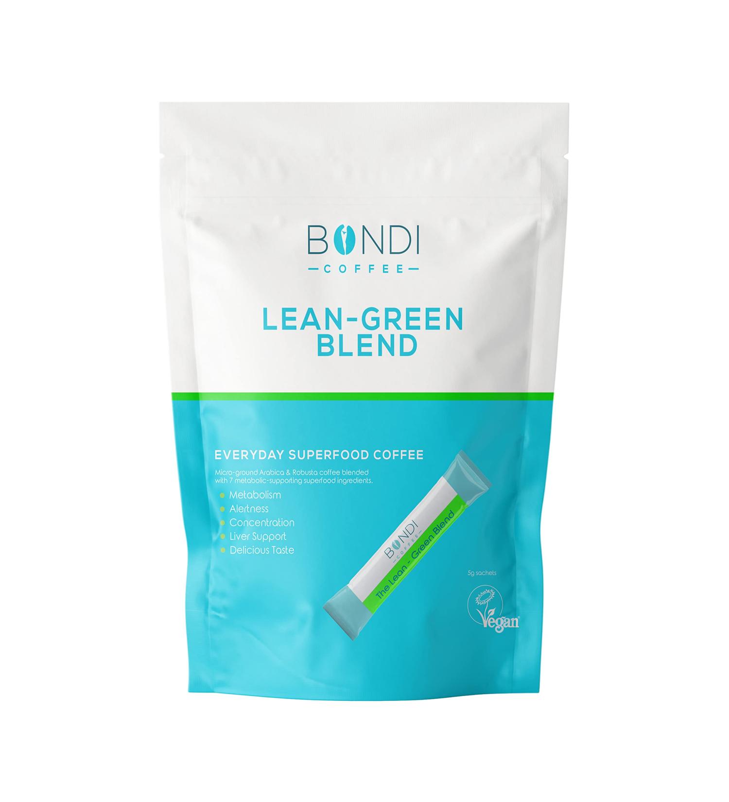 Bondi Coffee Lean-Green 7 Sachets - Instant Superfood Energy Coffee with Healthy Spirulina Ginseng Green Coffee MCT Choline 100% Natural Caffeine - Vegan - Buy Online on GoSupps.com
