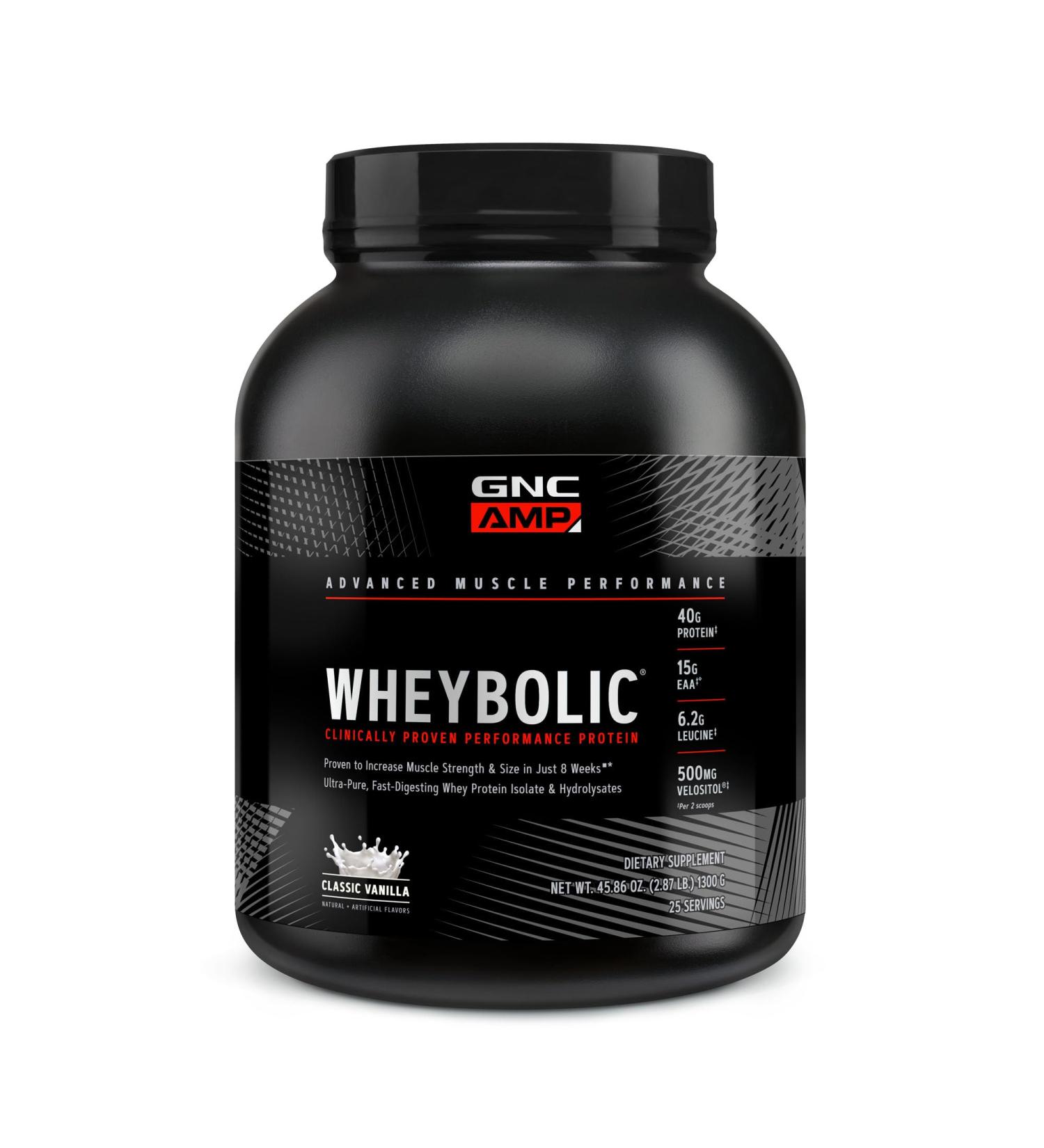 GNC AMP Wheybolic Clinically Proven Protein Powder 40g Whey Protein BCAA Leucine Increases Muscle Strength Muscle Building 3rd Party Tested Gluten Free Classic Vanilla 25 Servings - Buy Online on GoSupps.com