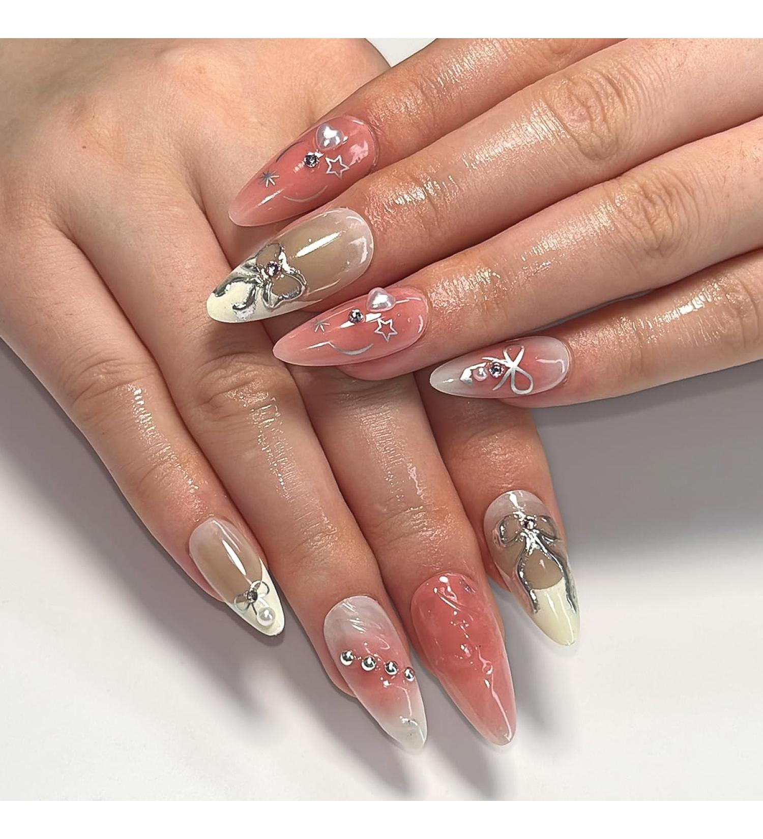 Mid Length French Tip Press on Nails with Nail Tips Bowknot stars dot diamond French love heart powder blusher false nail press on nails Acrylic False Nails Cute Artificial Nails - Buy Online on GoSupps.com
