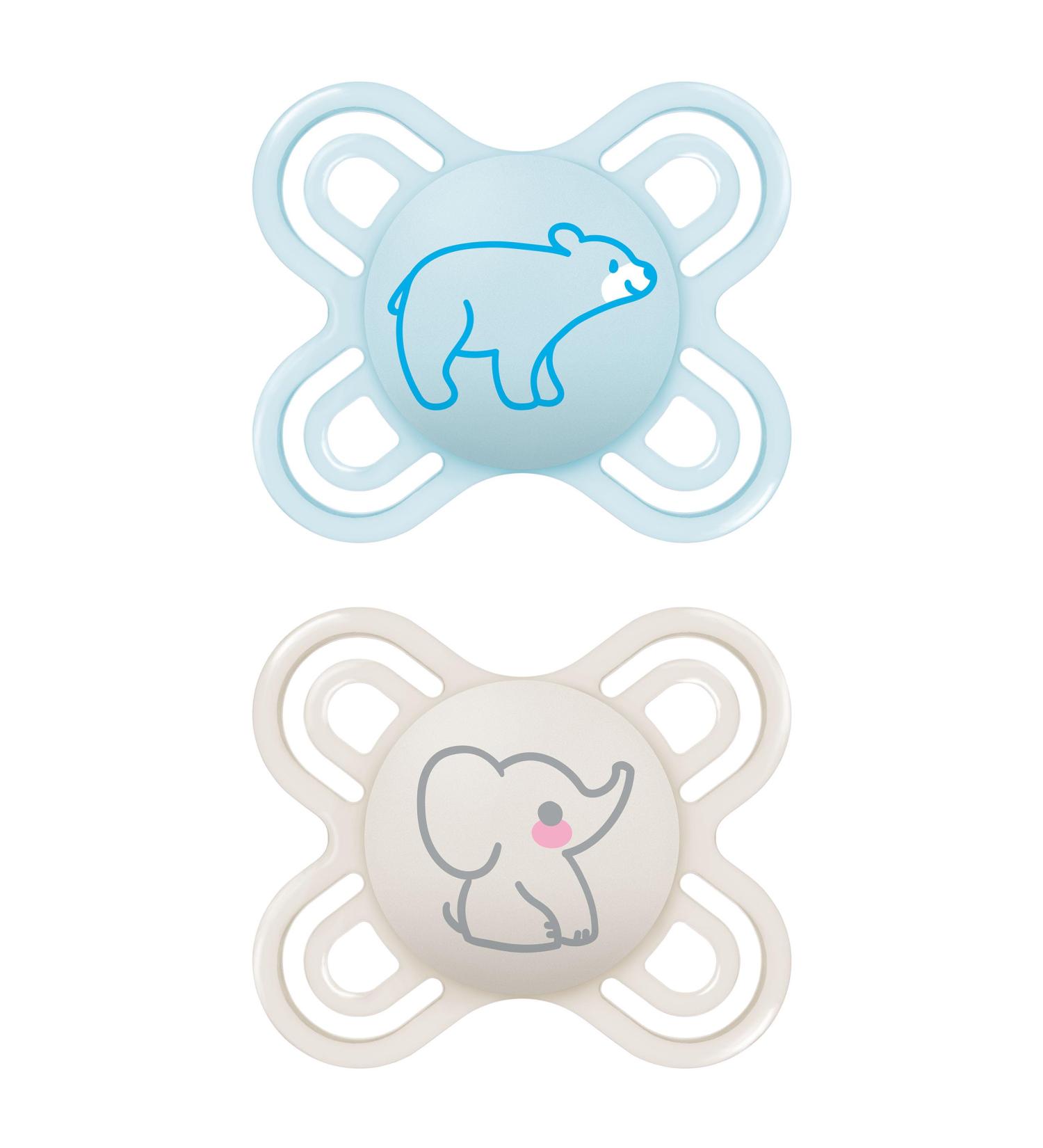 Shop MAM Perfect Start Baby Pacifiers 0-2 Months - Eco-Friendly Silicone Set with Box | Tooth-Friendly Newborn Soothers (Bear & Elephant) - Buy Online on GoSupps.com