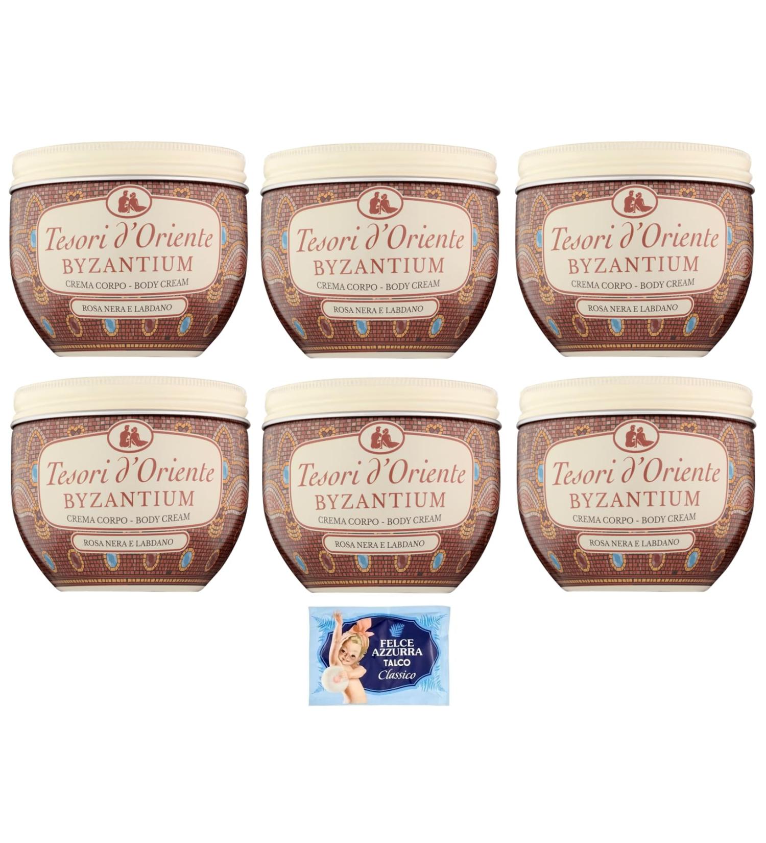 Tesori d'Oriente Crema Corpo Byzantium Body Cream with Black Rose and Labdanum 300 ml + 1 x Felce Azzurra Talcum Powder 100 g Pack of 6 - Buy Online on GoSupps.com