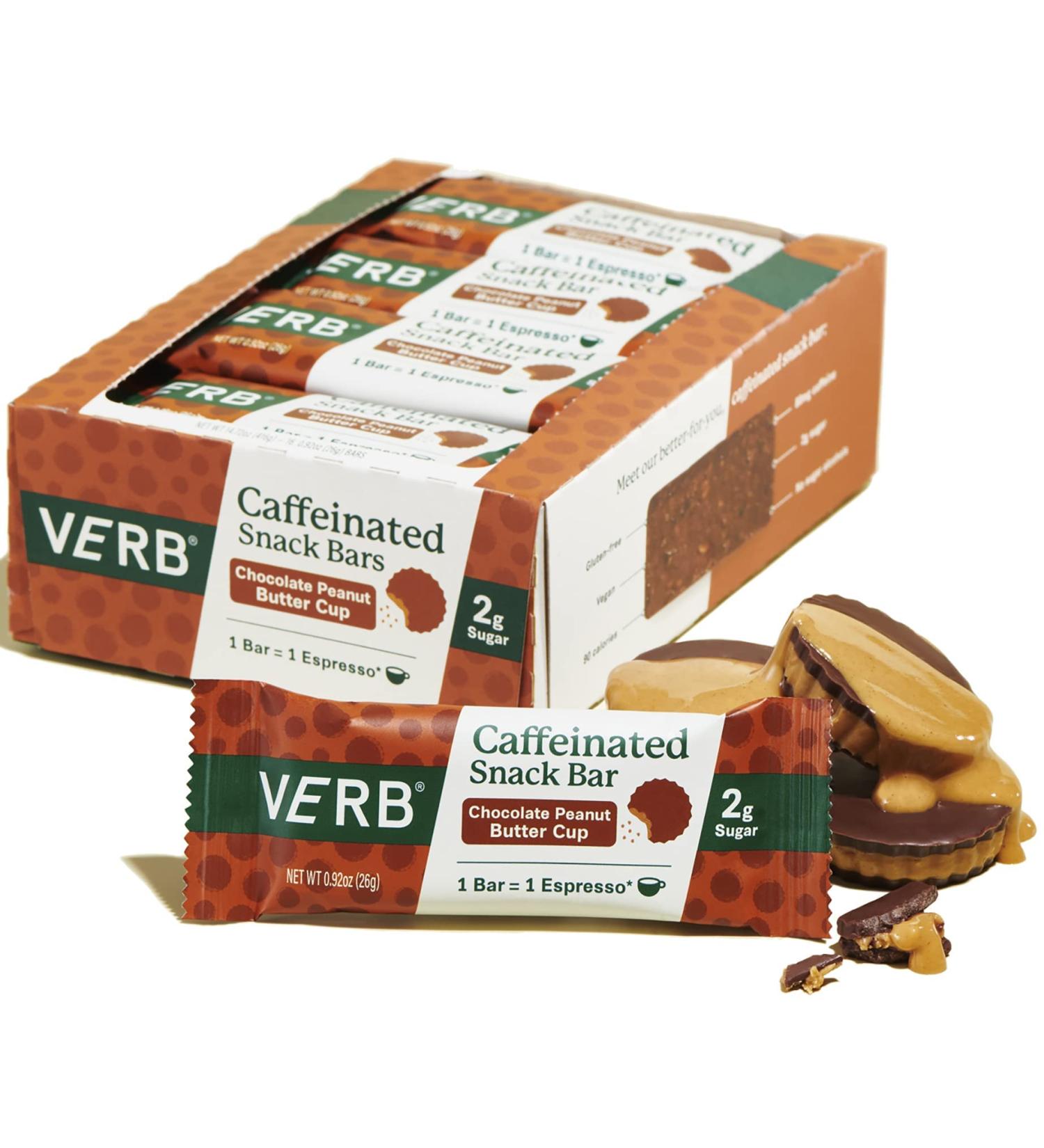 Verb Energy Chocolate Peanut Butter Cup Caffeinated Snack Bars - 90-Calorie 2g Sugar - Keto Friendly & Vegan - Pack of 16 - Buy Online on GoSupps.com