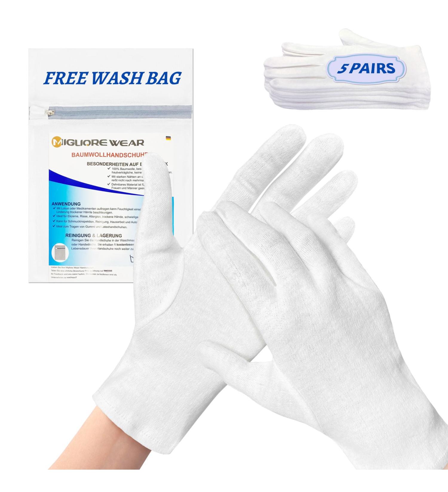 Migliore Wear 5 Pairs White Cotton Gloves for Eczema Hand Moisturising Gloves for Dry Hands Hand Care Jewelry Inspection Eczema Gloves for Adults with 1 Free Wash Bag 5 Pairs White-S - Buy Online on GoSupps.com