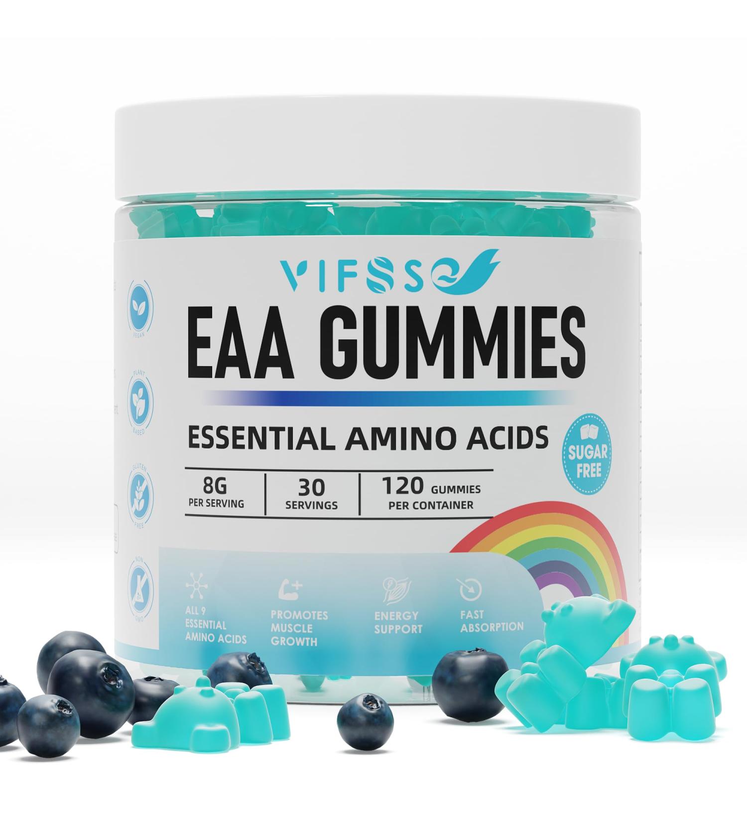 EAA Gummies 120 Count - Blue Raspberry 8000 mg Essential Amino Acids Non-GMO Gluten Free Vegetarian Friendly | All 9 EAAs & BCAAs - Buy Online on GoSupps.com