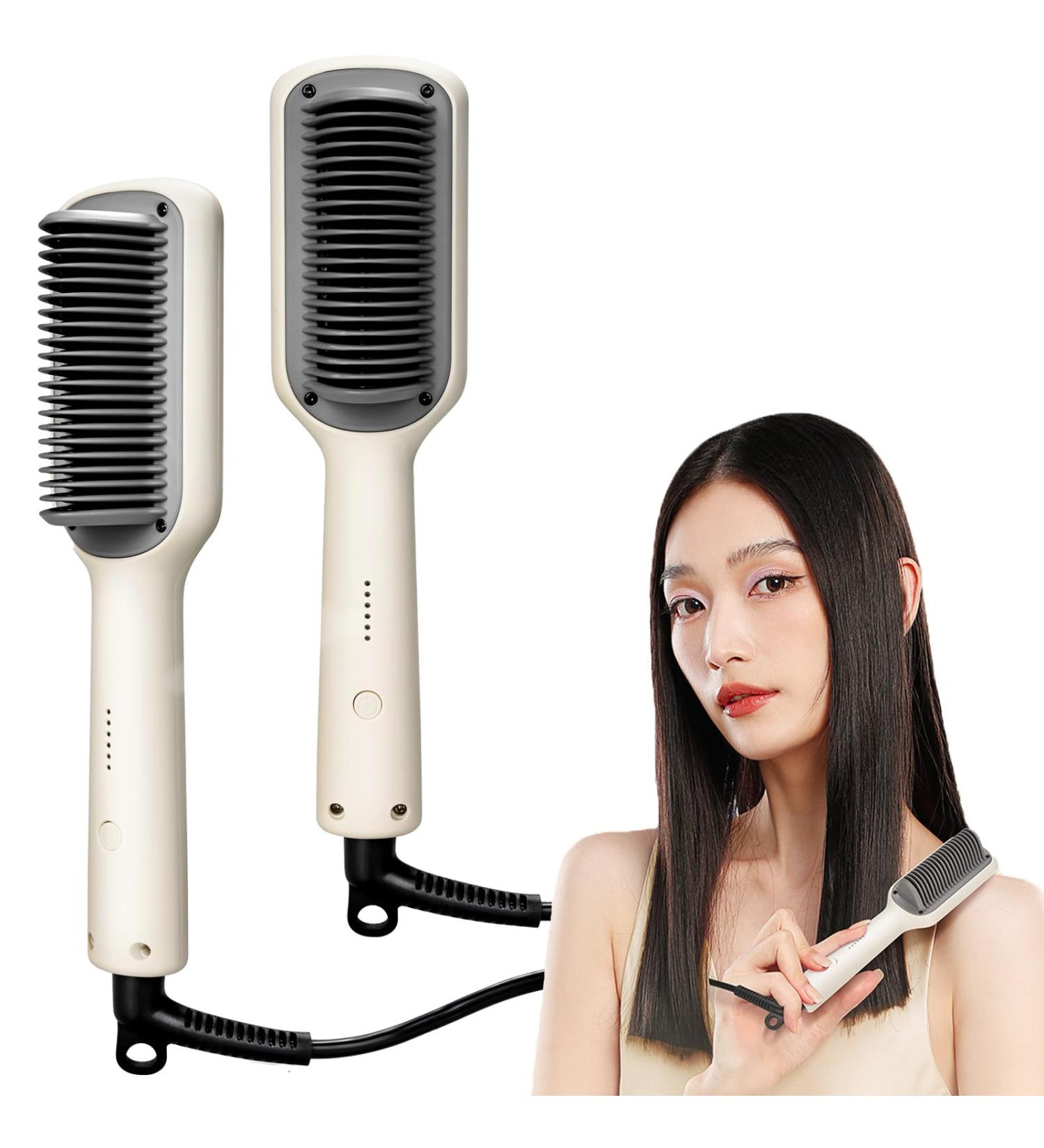 Hair Straightener Brush | 5 Temp Ring Comb for Women | Auto-Off Safety & Anti-Scald | Fast Heating & Dual Voltage - Beige - Buy Online on GoSupps.com