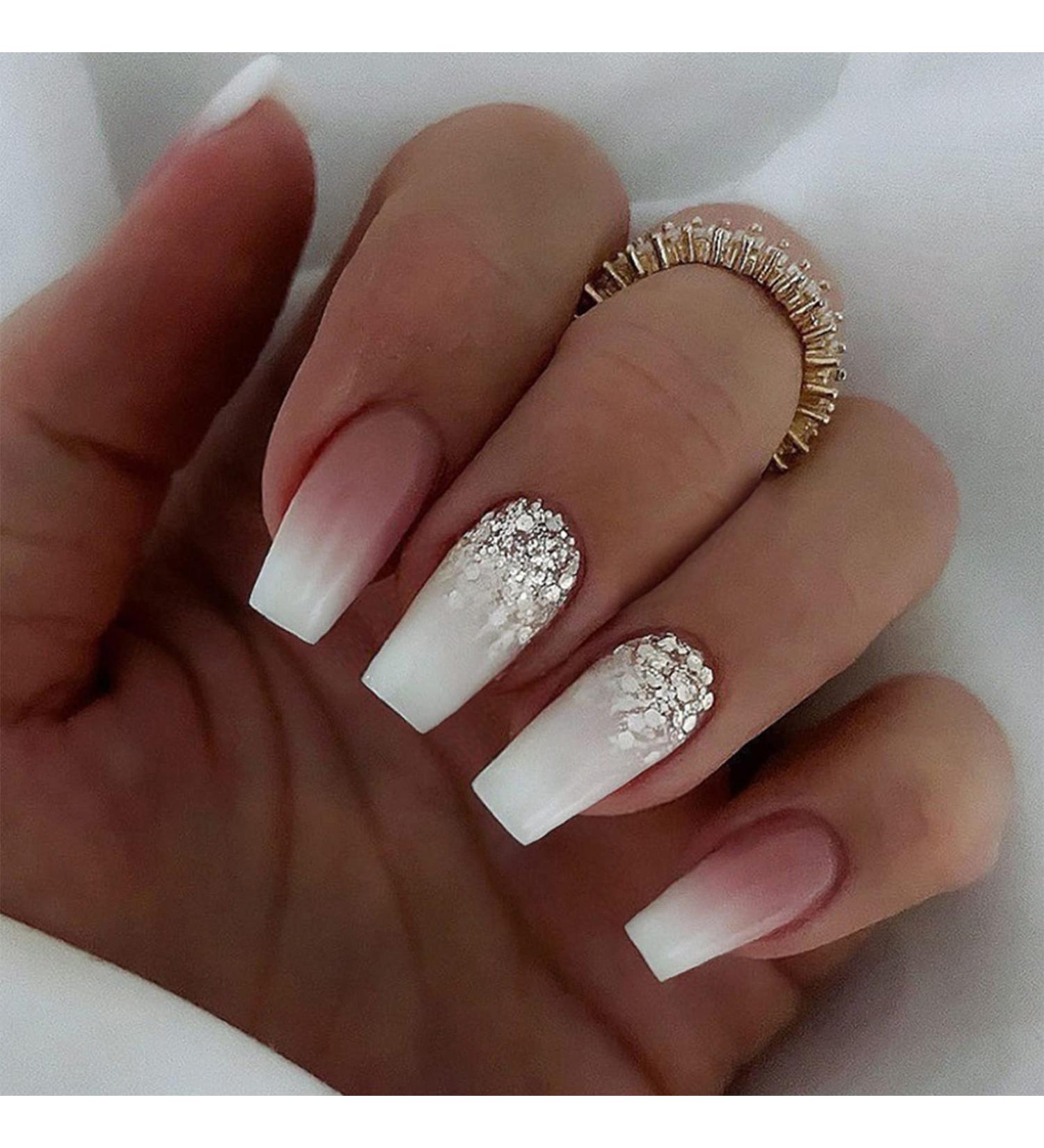 24pcs Short Coffin False Nails White Pink Ombre Stick on Nails Press on Nails with Glitter Sequins Removable Glue-on Nails Fake Nails Acrylic Full Cover Nails Women Girls Nail Art Accessories 0251Y59 0.04 ml (Pack of 24) - Buy Online on GoSupps.com