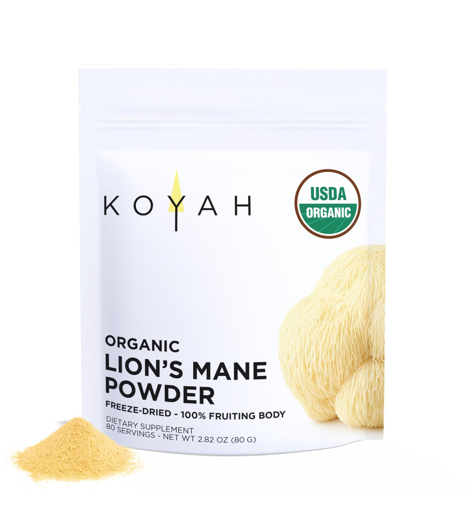 KOYAH - Organic USA Lion's Mane Mushroom Powder - 80 Servings - 100% Fruiting Body Freeze-Dried 3rd Party Tested for Beta-Glucans Non-GMO Vegan. Brain & Nerve Support. Immune Support. - Buy Online on GoSupps.com