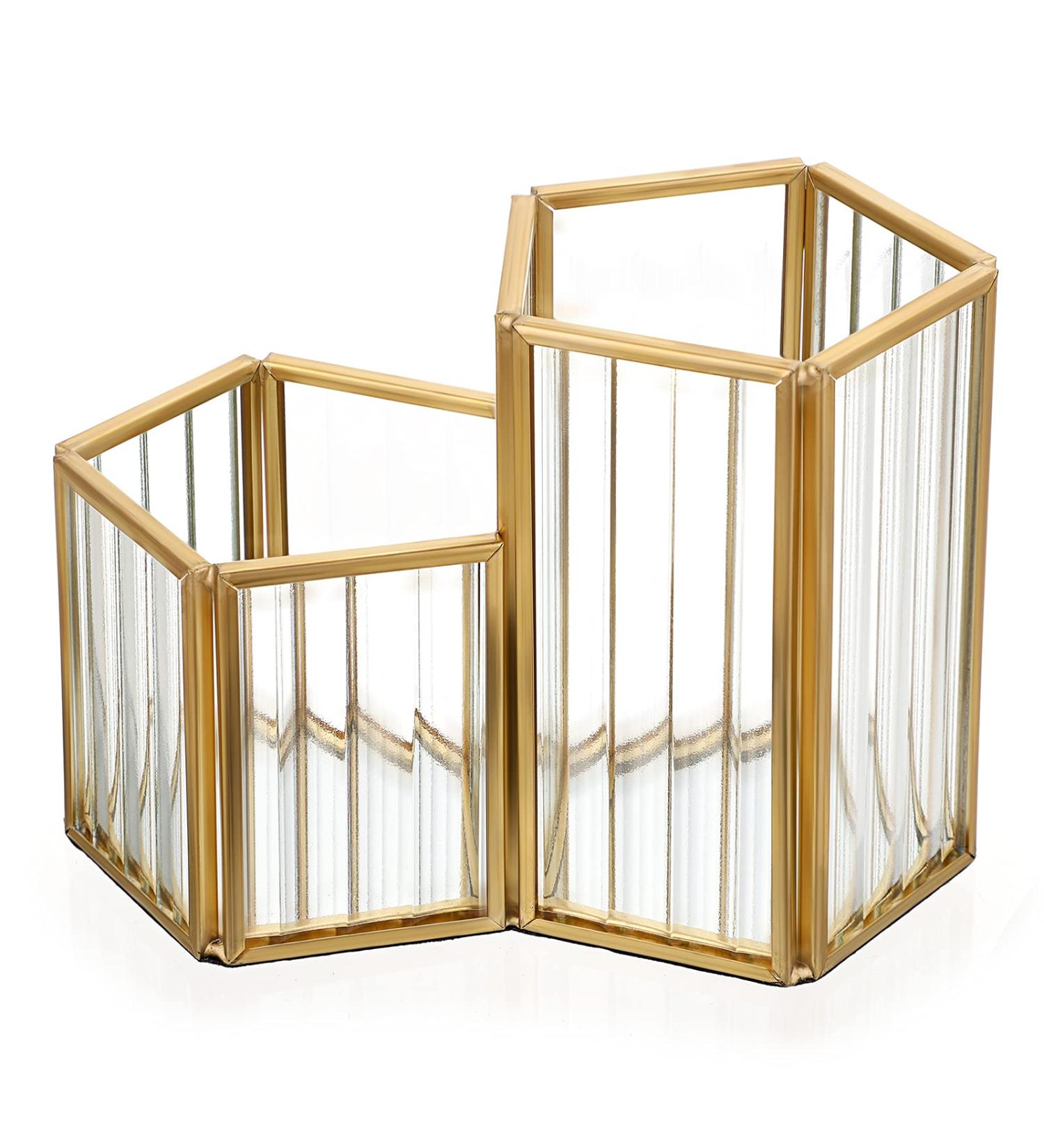 Gold Metal Glass Makeup Brush Holder Organizer - Cosmetic Brushes & Beauty Tools Storage Case - Buy Online on GoSupps.com