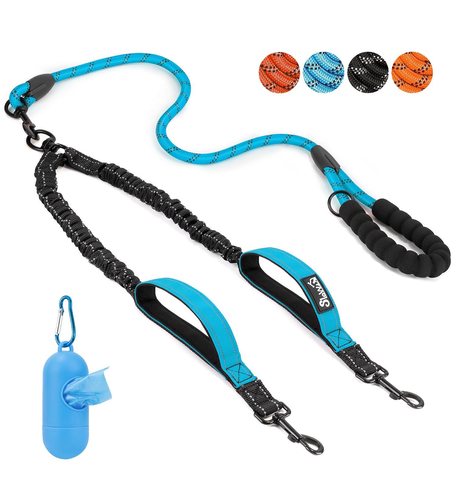 Slowton Double Linen Dog Leash for 2 Dogs - 360 Rotatable Reflective Shock-Damping with 2 Padded Handles - Ideal for Small & Medium Dogs (3-16kg) - Blue - Buy Online on GoSupps.com