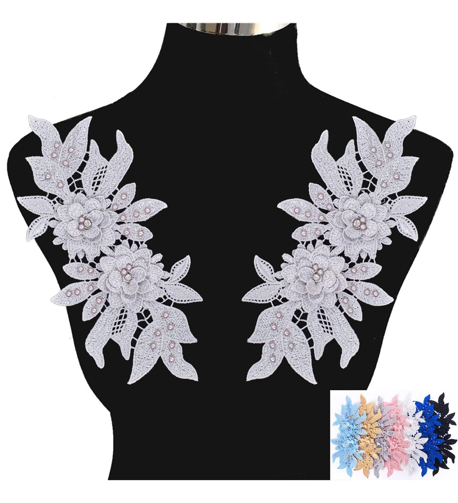 Sew on 3D Lace Applique Flower Bead Patches - Wedding Dress Embellishment (Silver) - Buy Online on GoSupps.com