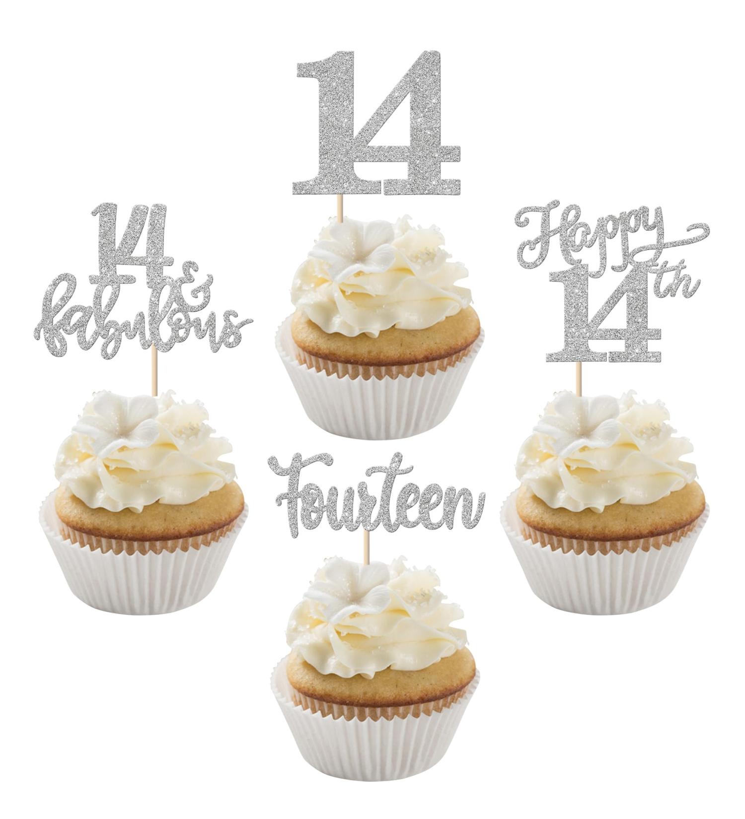 Rsstarxi 24 Pack Happy 14th Birthday Cupcake Toppers Glitter Fourteen 14 Fabulous Cupcake Food Picks for 14th Birthday Wedding Anniversary Party Cake Decorations Silver Silver 14th