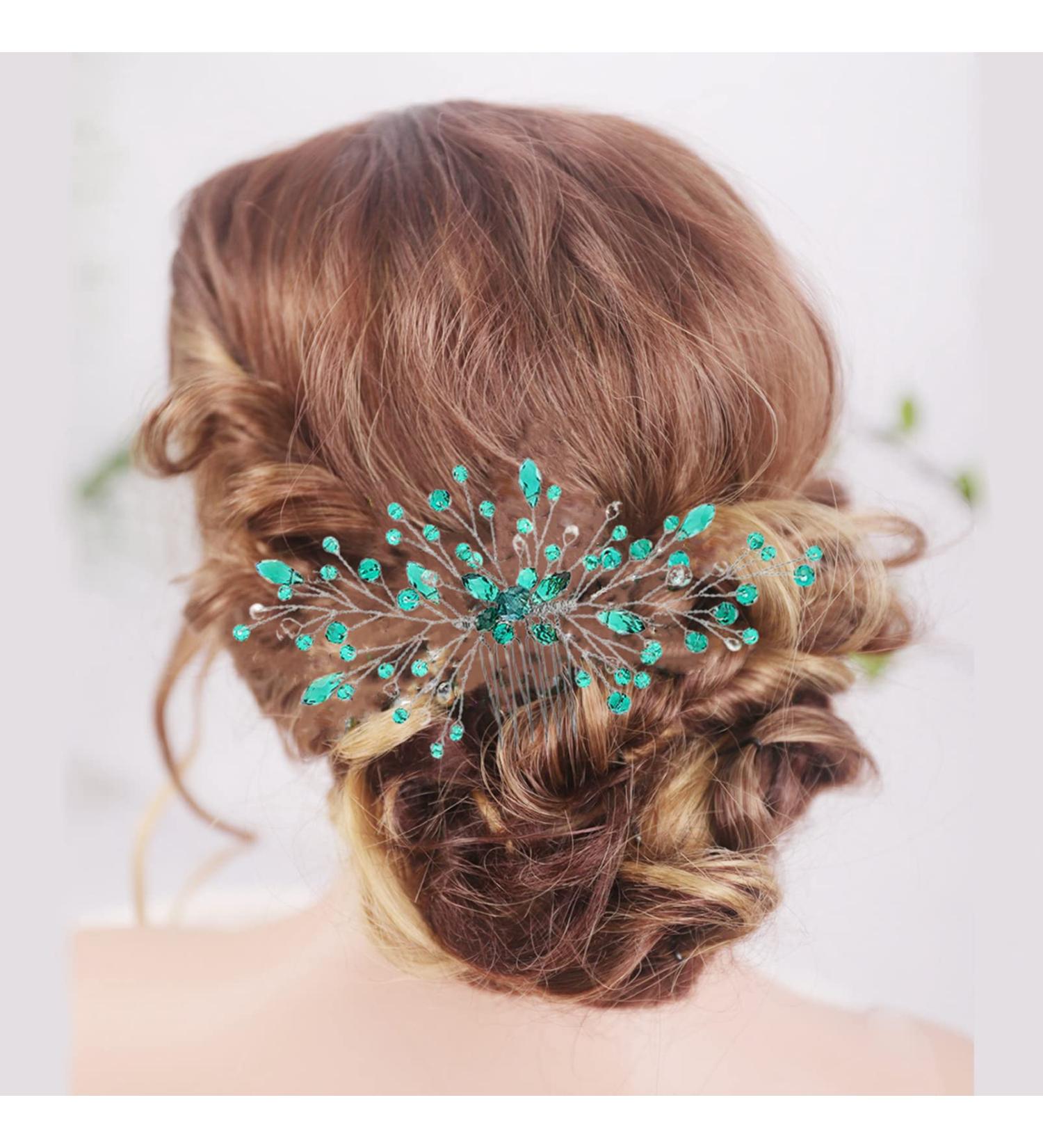 Green Hair Comb Wedding Hair Pieces Rhinestone Hair Accessories for Brides Bridesmaid Emerald Green Hair Vine Comb for Women and Girls Prom Party Festival Handmade Hair Clip(Sliver) - Buy Online on GoSupps.com