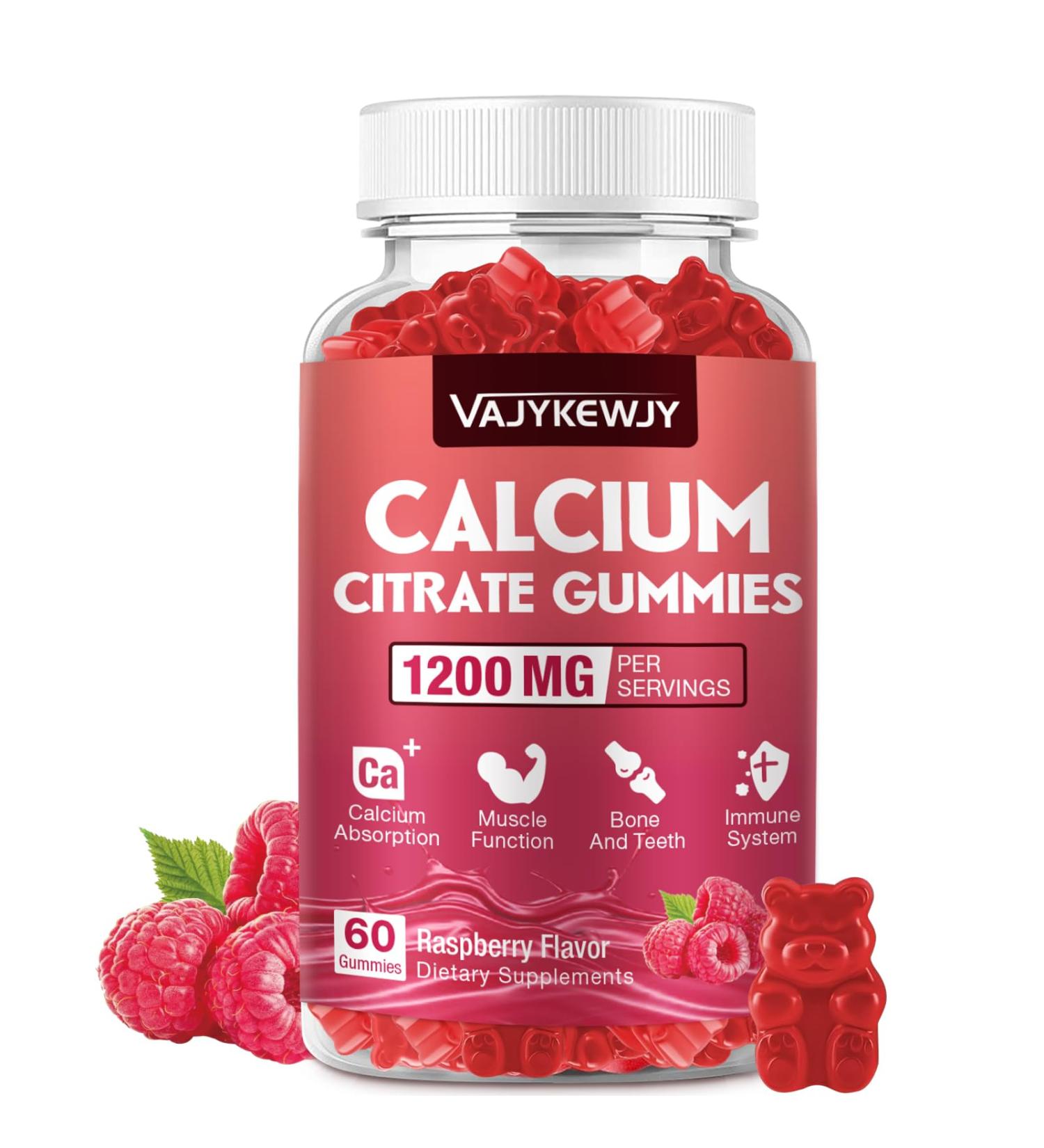 Calcium Citrate Gummies 1200mg for Adults & Kids - Bone & Teeth Support Easy Absorption Delicious Raspberry Flavor - Non-GMO Gluten Free Vegan - 60 Count - Buy Online on GoSupps.com