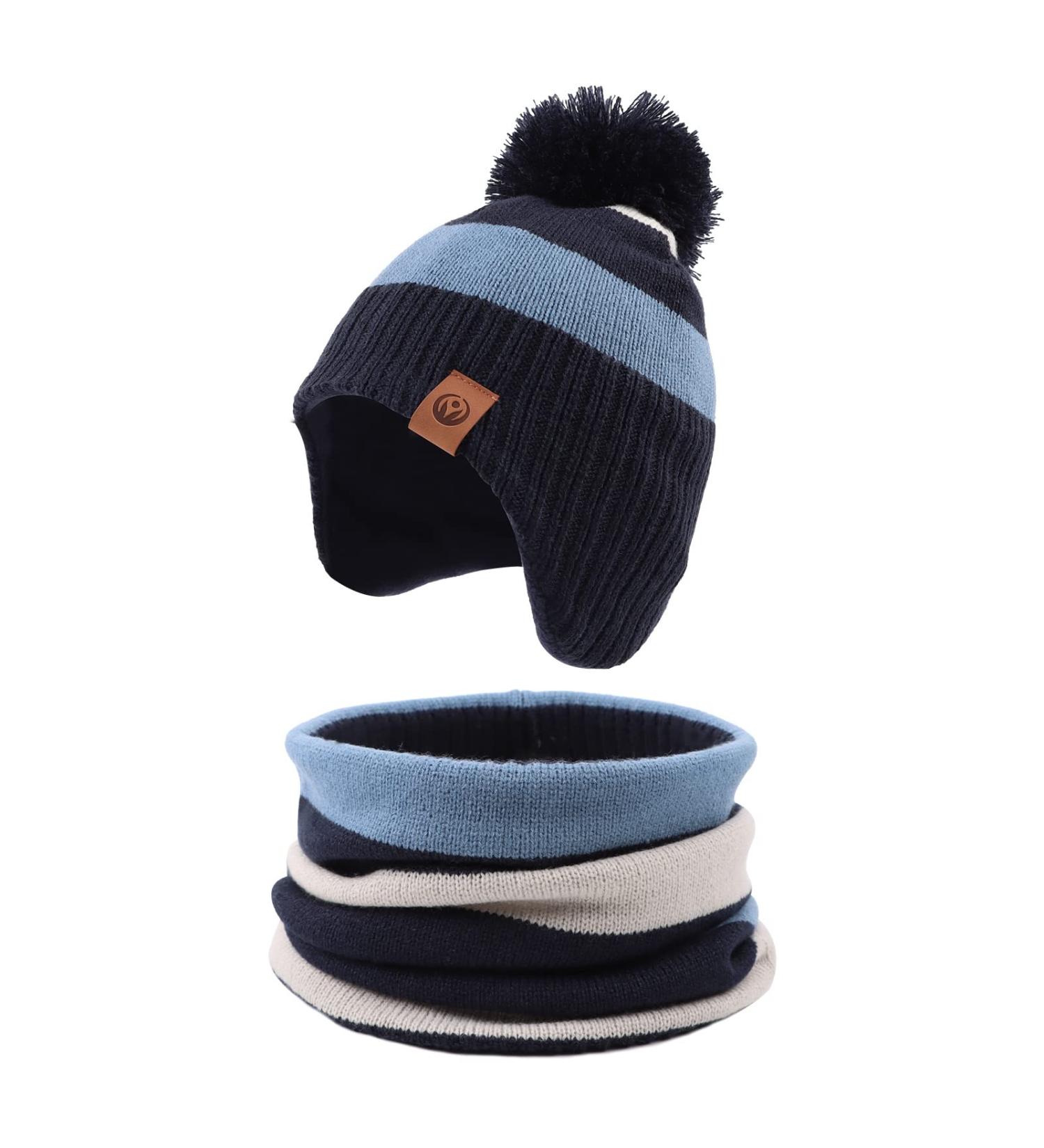 XIAOHAWANG Striped Winter Baby Beanie & Scarf Set - Kids Classic Knitted Hat for Boys and Girls (4-8 Years) - Sky Blue - Buy Online on GoSupps.com