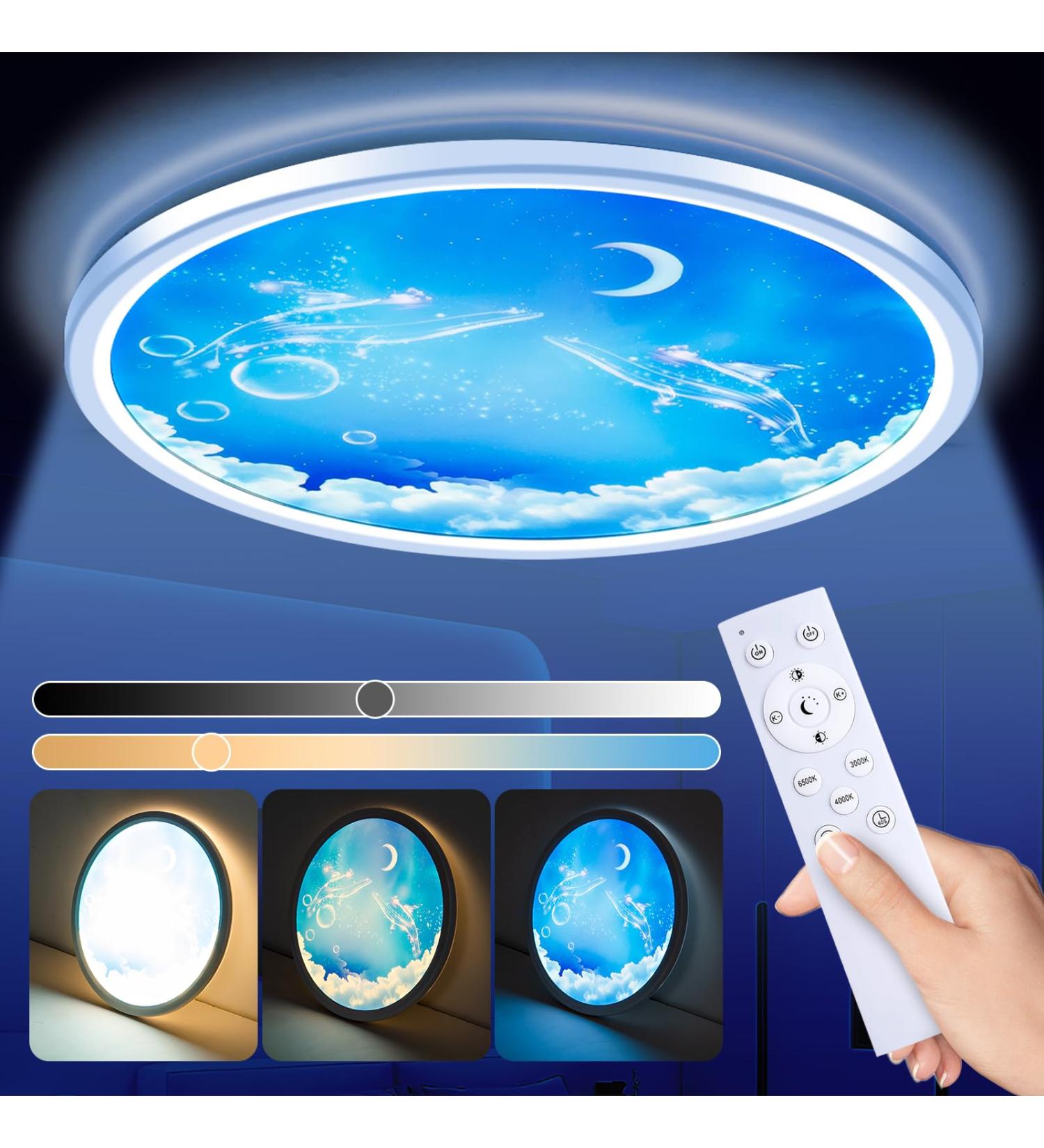 Wholede LED Ceiling Lamp - 24W Round Moon Motif 3000-6500K Ultra Thin with Remote Control for Children's Room & Living Room - 29.5cm - Buy Online on GoSupps.com