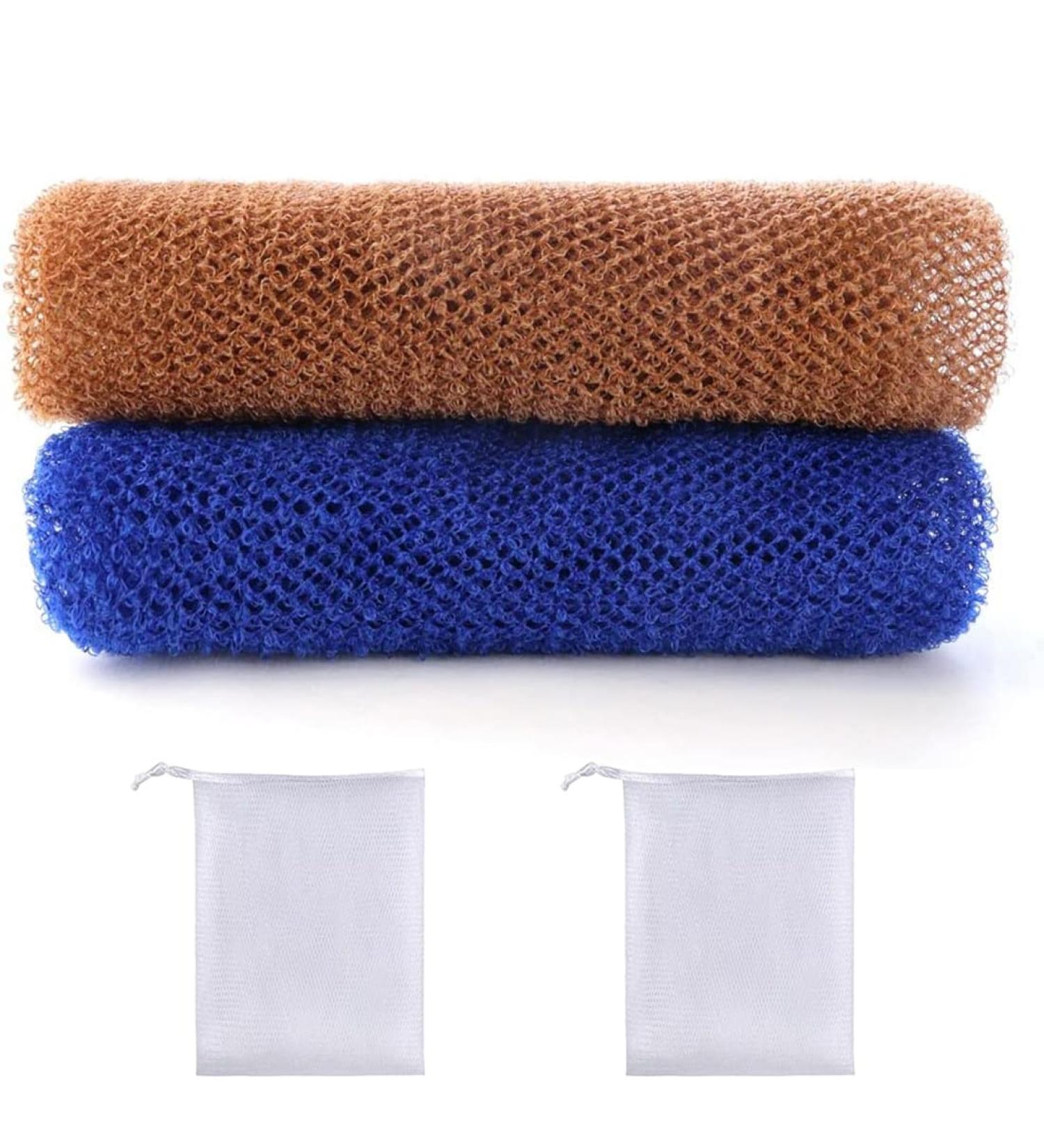 CUHZA 2 bath mesh 2 foam nets exfoliating washcloth shower sponge body exfoliating sponge removes dirt and oil from the skin smoother skin (blue brown) - Buy Online on GoSupps.com