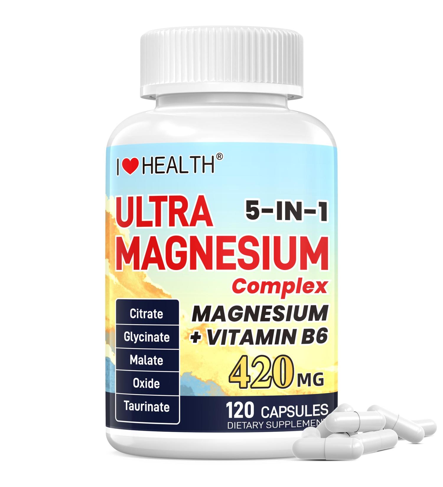 Magnesium Supplement - 5 in 1 Complex 420mg + Vitamin B6 30mg Glycinate Citrate Malate Taurate Oxide - Made in USA - Support Heart Bone Sleep & Muscle Health - 120 Capsules 2 Month Supply - Buy Online on GoSupps.com