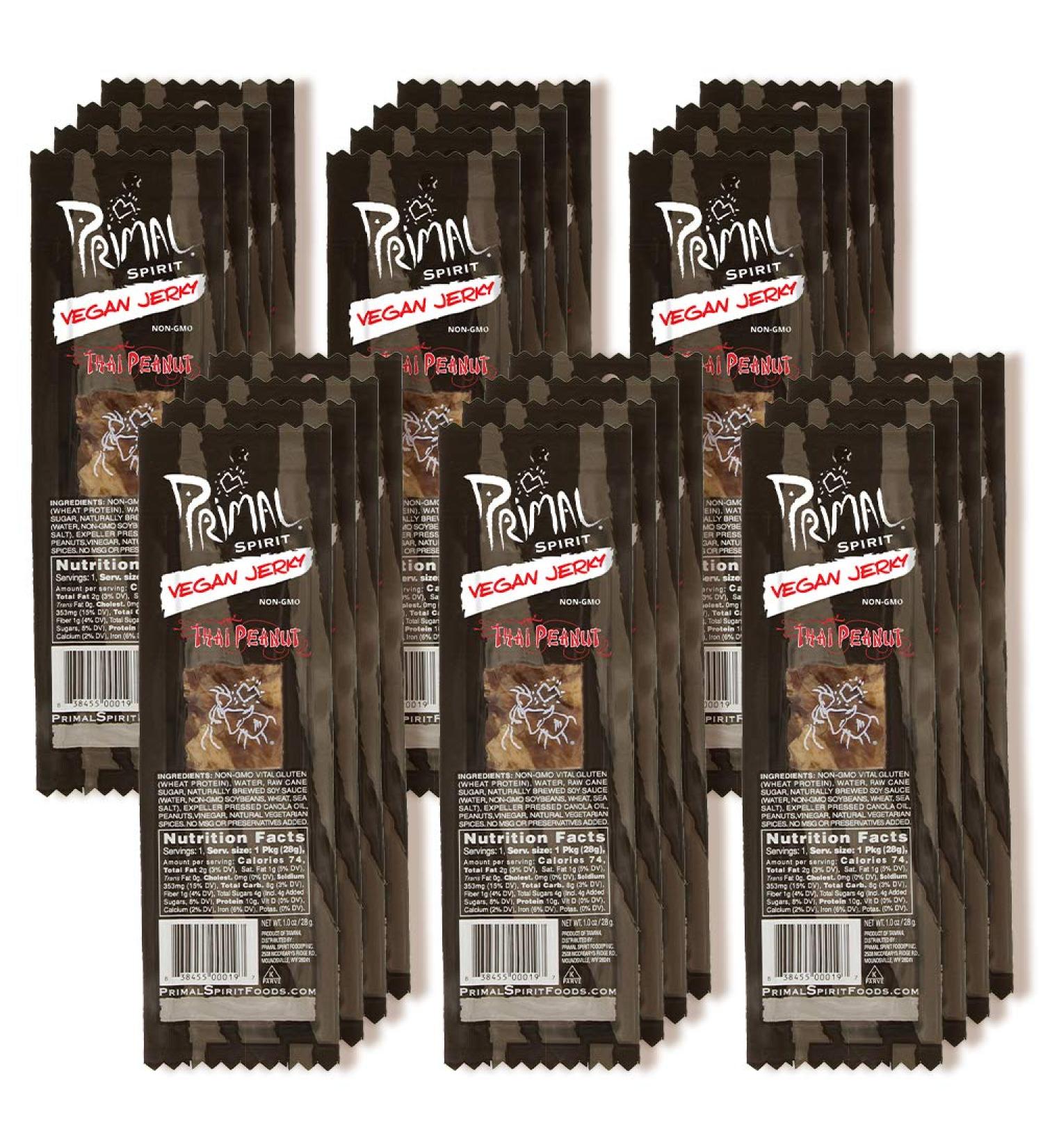 Primal Spirit Vegan Jerky - Classic Thai Peanut Flavor, 10g Plant-Based Protein, Non-GMO, 24-Pack - Buy Online on GoSupps.com