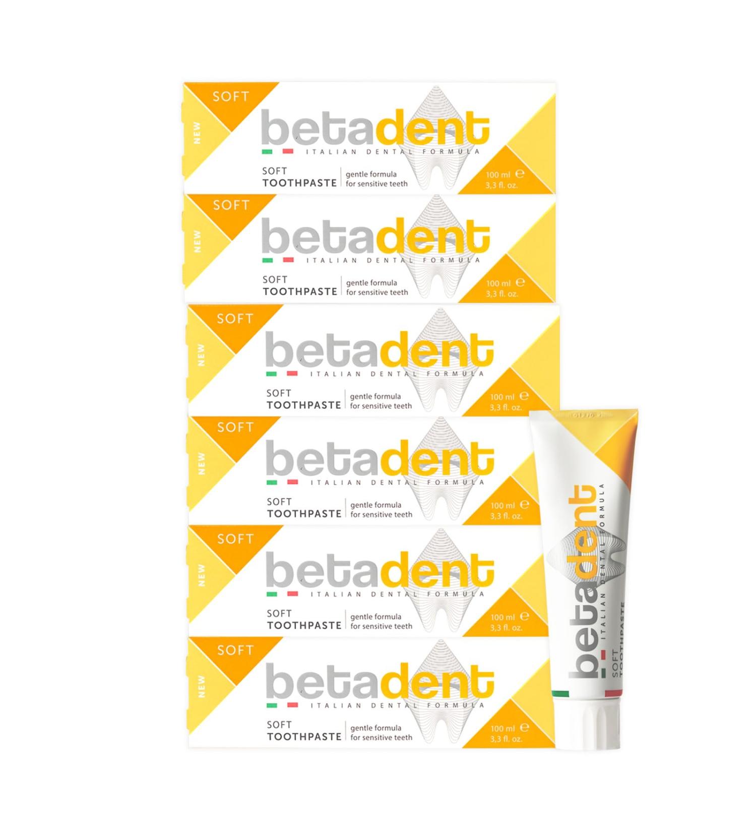  BETADENT Betadent KIT 6 SOFT DENTIFRICE FOR SENSITIVE TEETH.Contrasting gingival inflammation.Disinfecting and soothing action.With aloe vera tea oil and natural ingredients. 6 x 100 ml - Buy Online on GoSupps.com