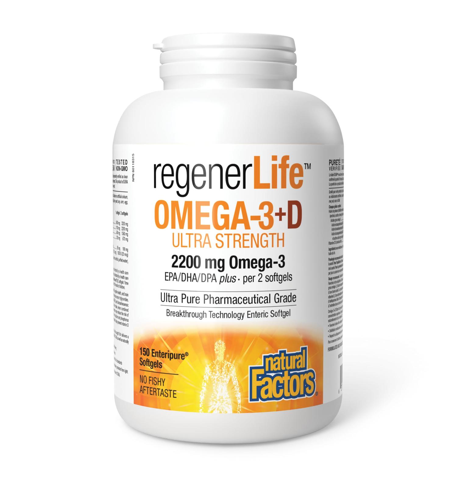 Natural Factors Regenerlife Omega-3+D Ultra Strength 150 Enteripure Softgels 2200 mg of Omega-3 plus 1000 mg Vitamin D per 2 softgels High-potency Supports Immune Cardio and Cognitive Health - Buy Online on GoSupps.com