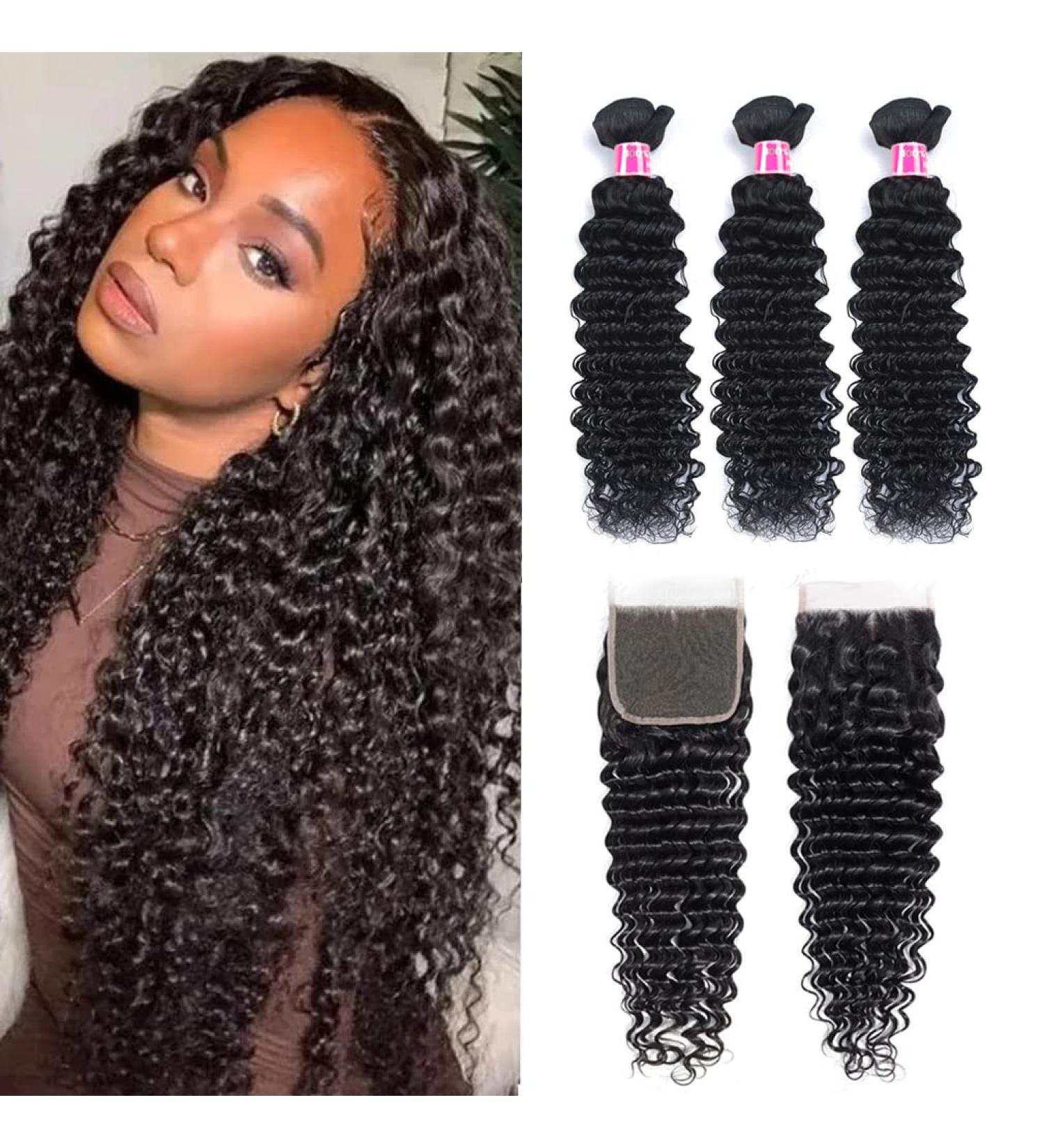 9A Brazilian Deep Wave Bundles with Closure - 16 18 20+14 Free Part - Natural Color Human Hair Weave Bundles with Closure - Brazilian Deep Curly Hair - Buy Online on GoSupps.com